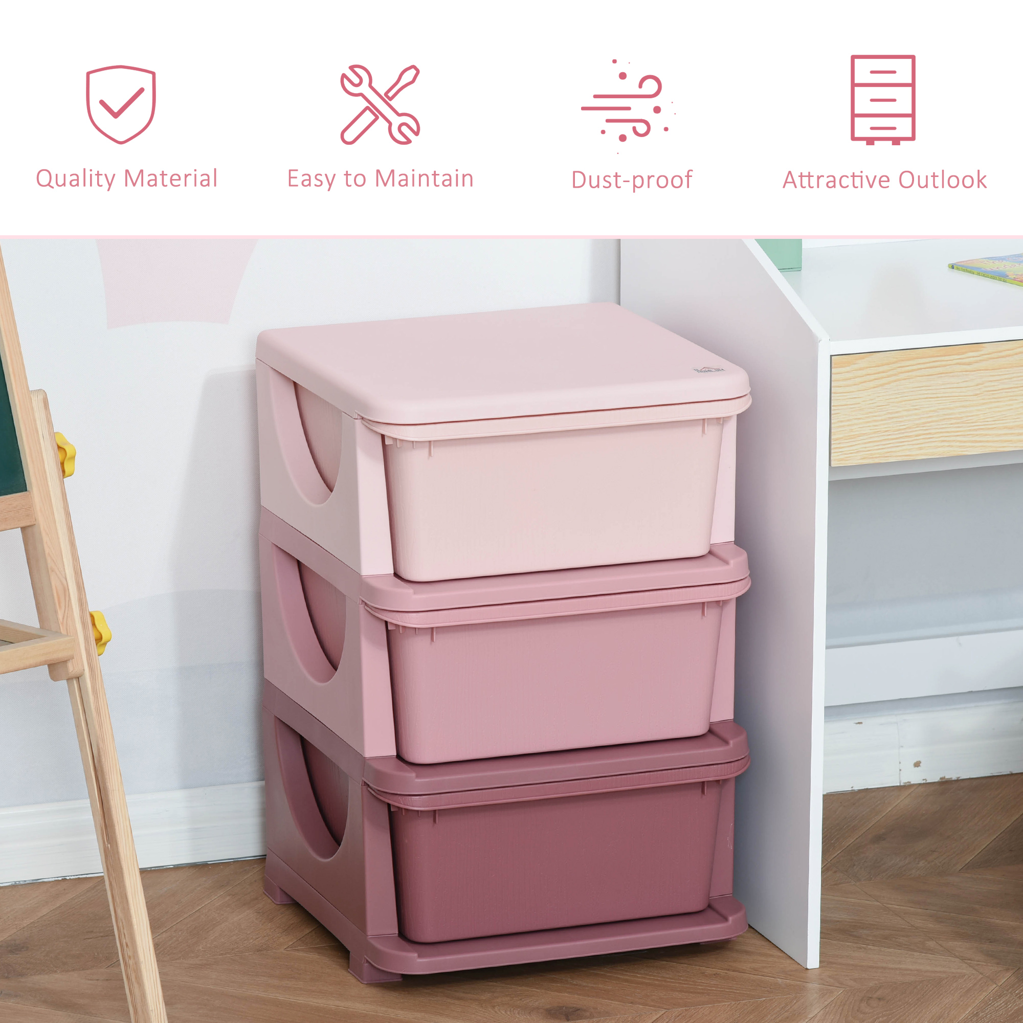Qaba Pink 3 Tier Storage Dresser, Kids Toy Organizer and Chest, Efficient for Bedroom, Nursery, and Living Room | Aosom.com 2