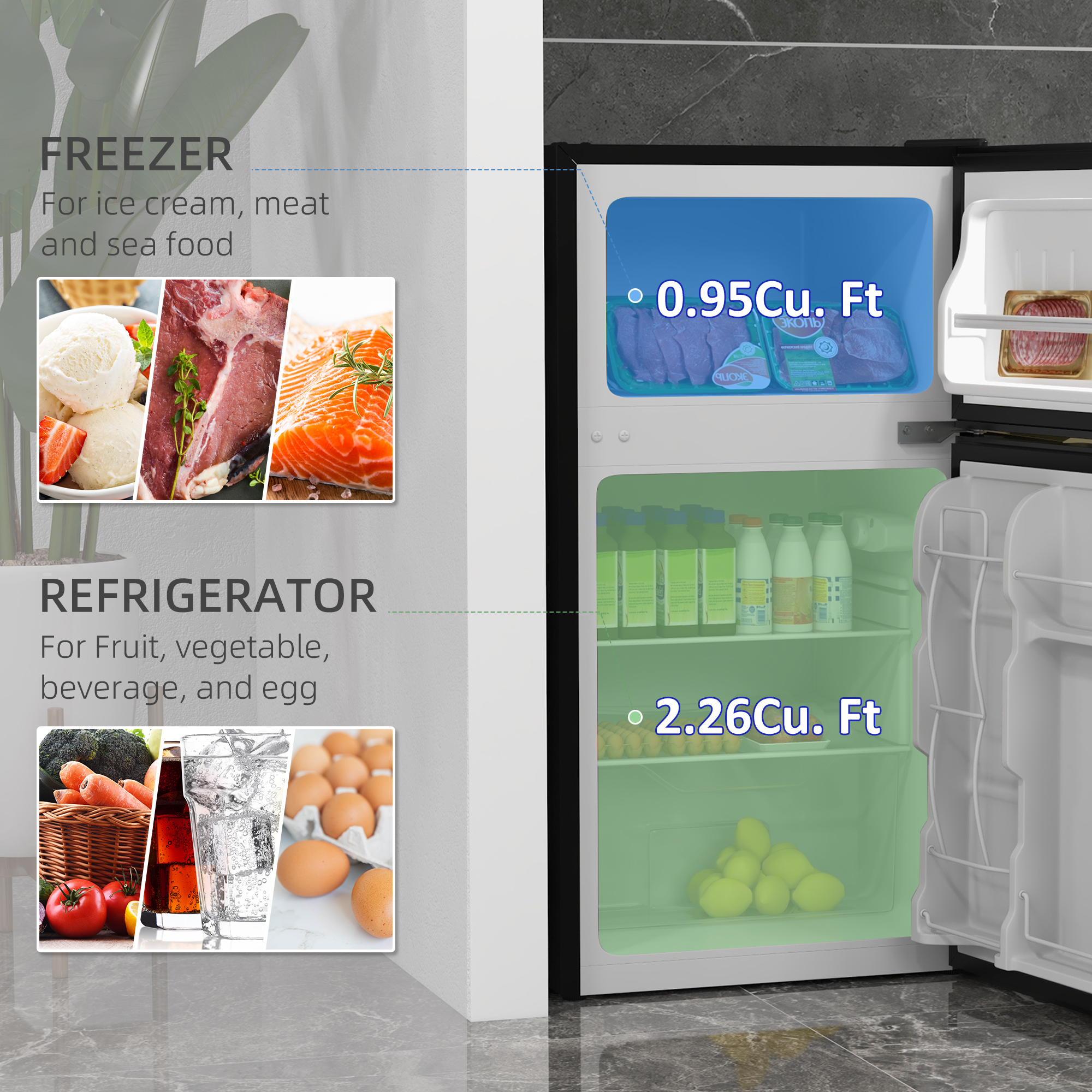 HOMCOM 3.2 Cu Ft Compact Refrigerator, Mini Fridge with Freezer ...