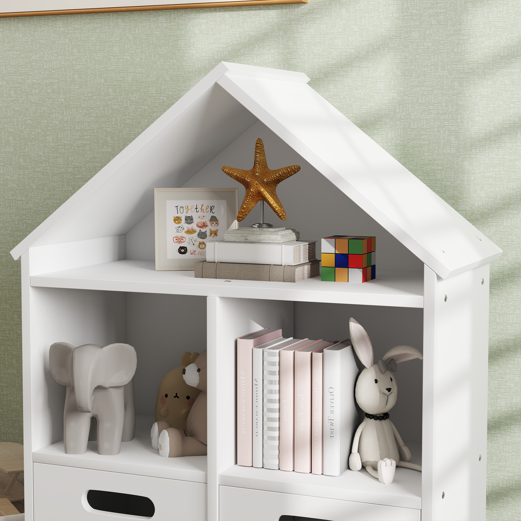 Qaba 3 Tier Kids Bookshelf with Two Drawers, for Kids Rooms, Bedroom, Nursery, White 6