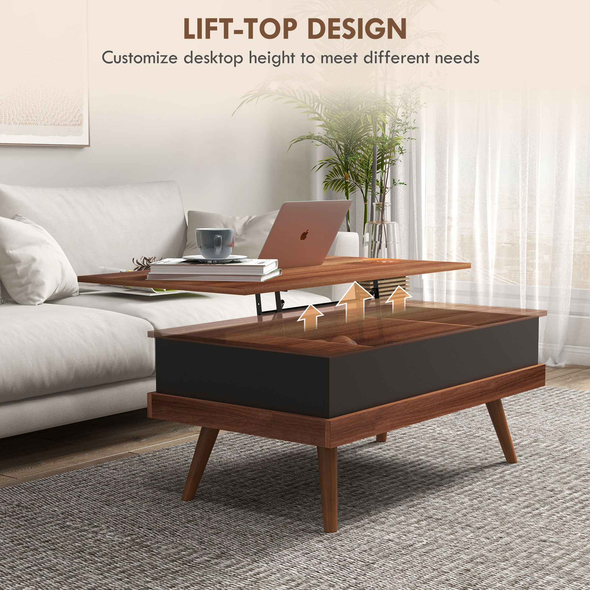 HOMCOM Lift-Top Coffee Table with Hidden Compartments, Sturdy Wood Construction, Rich Walnut Finish | Aosom.com 2