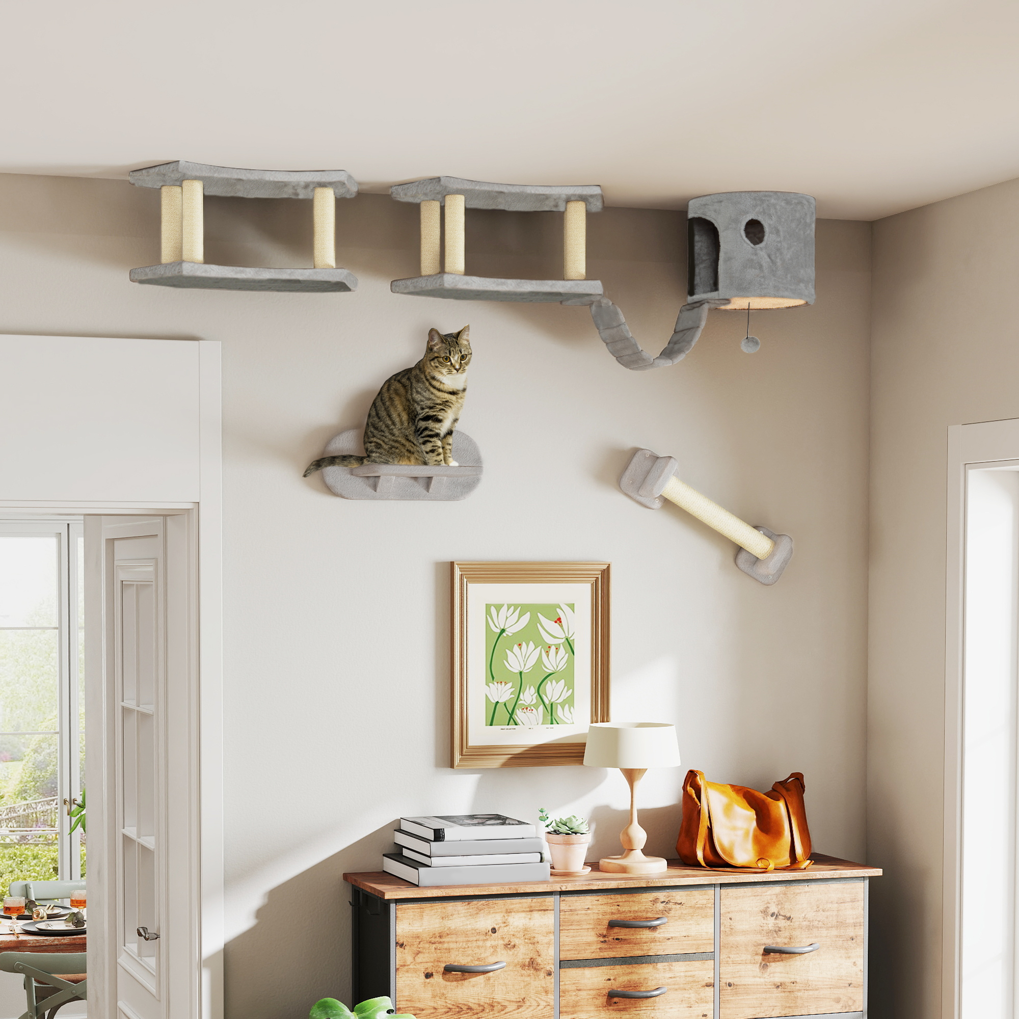 PawHut Piece Cat Wall Shelves with Scratching Post, Ladder