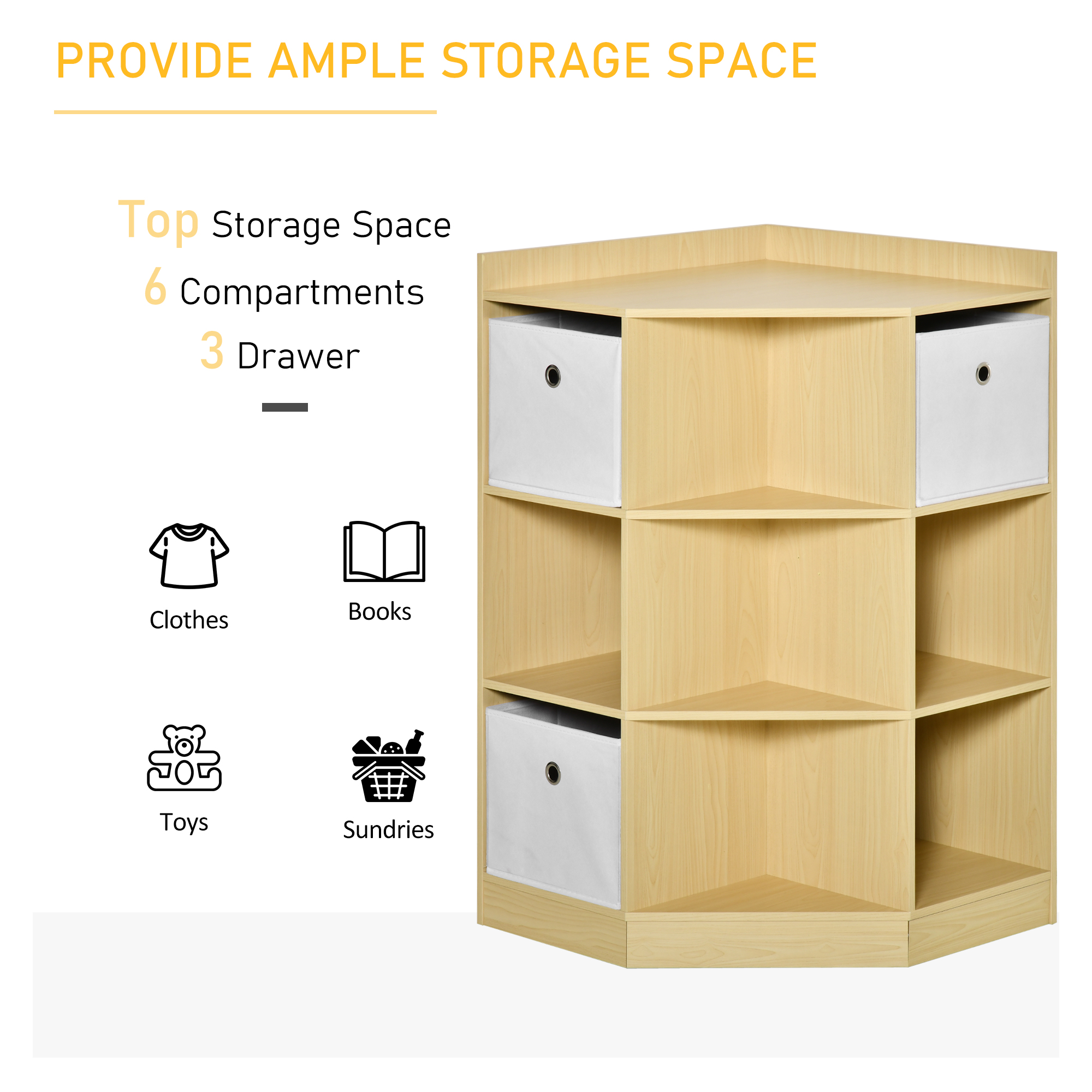 HOMCOM Kids Corner Cabinet, Cubby Toy Storage Organizer, Bookshelf Unit  with Three Baskets for Playroom, Bedroom, Living Room, Natural