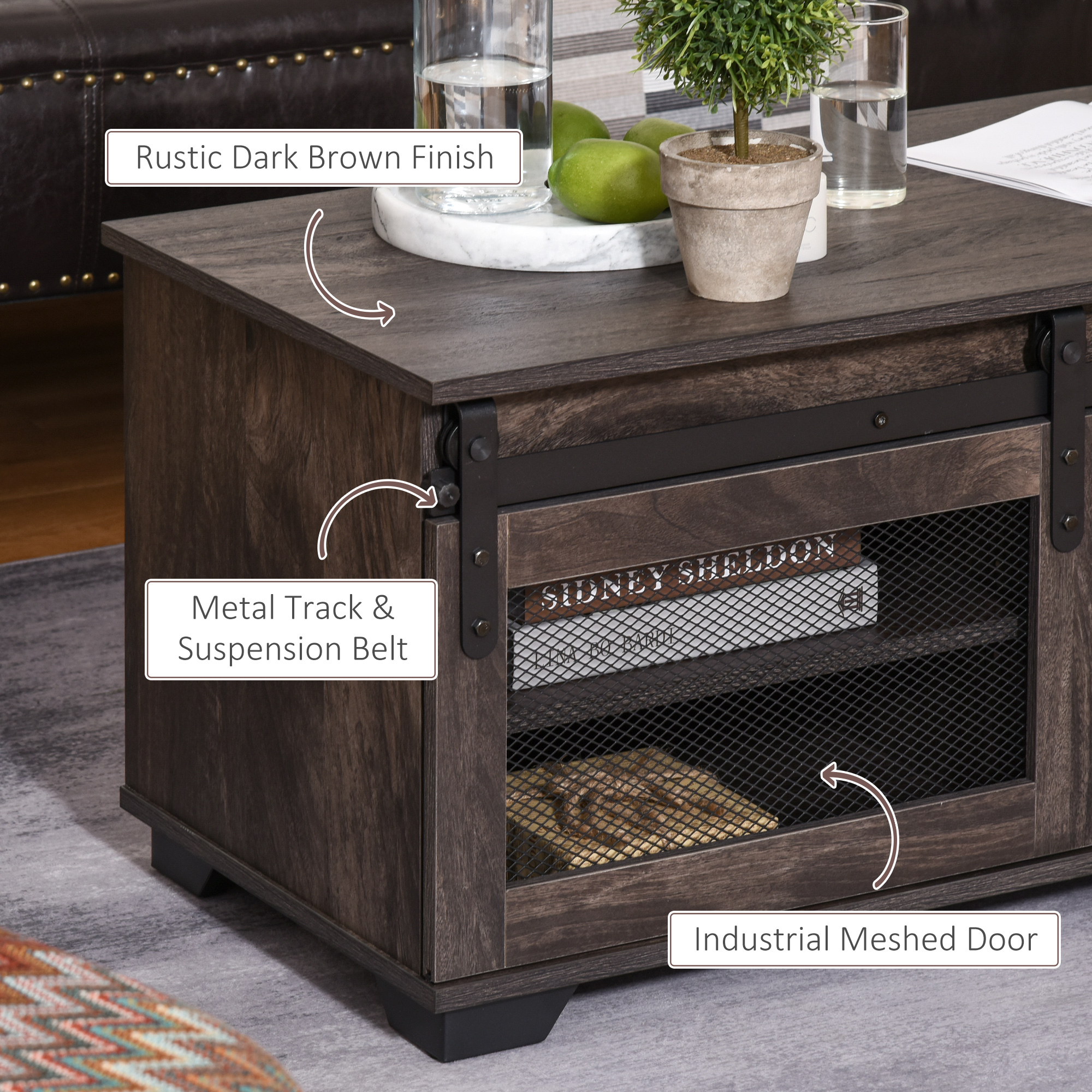 HOMCOM Coffee Table Farmhouse Dark Brown Sliding Mesh Barn Door Storage Living Room | Aosom.com 3