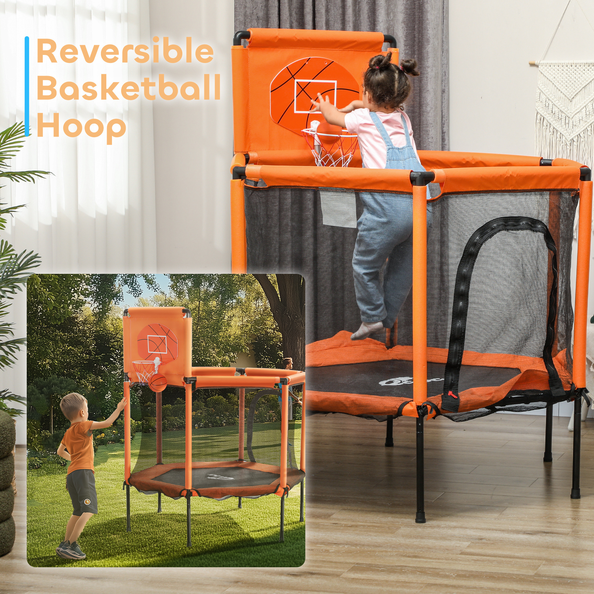 Qaba 48" Kids Trampoline  with Safety Enclosure Net, Basketball Hoop for Ages 3-6, Gifts for Boys & Girls, Orange 5