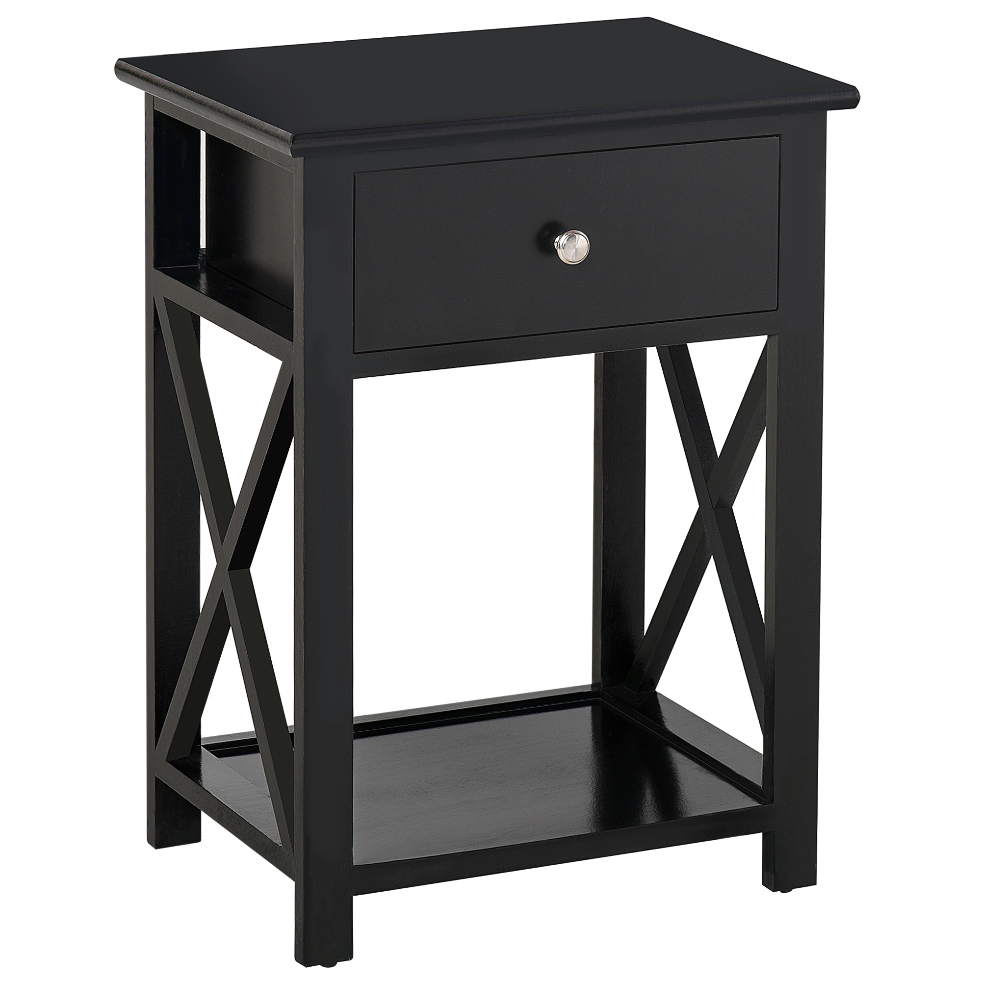 HOMCOM Wood End Table Nightstand with Storage Drawer X Frame Design Black Elegant Bedroom Furniture | Aosom.com