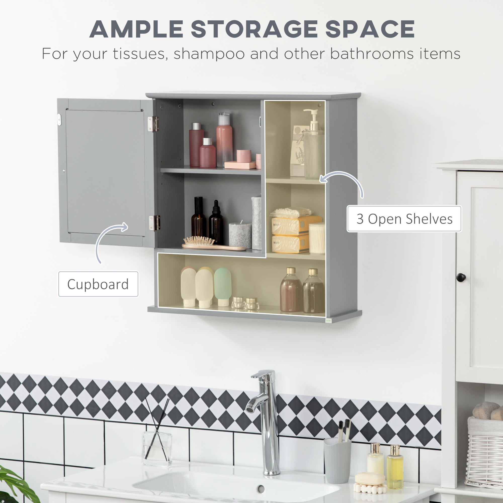 Kleankin Bathroom Mirror Cabinet Wall-Mounted with Adjustable Shelf Magnetic Door Gray | Aosom.com 3