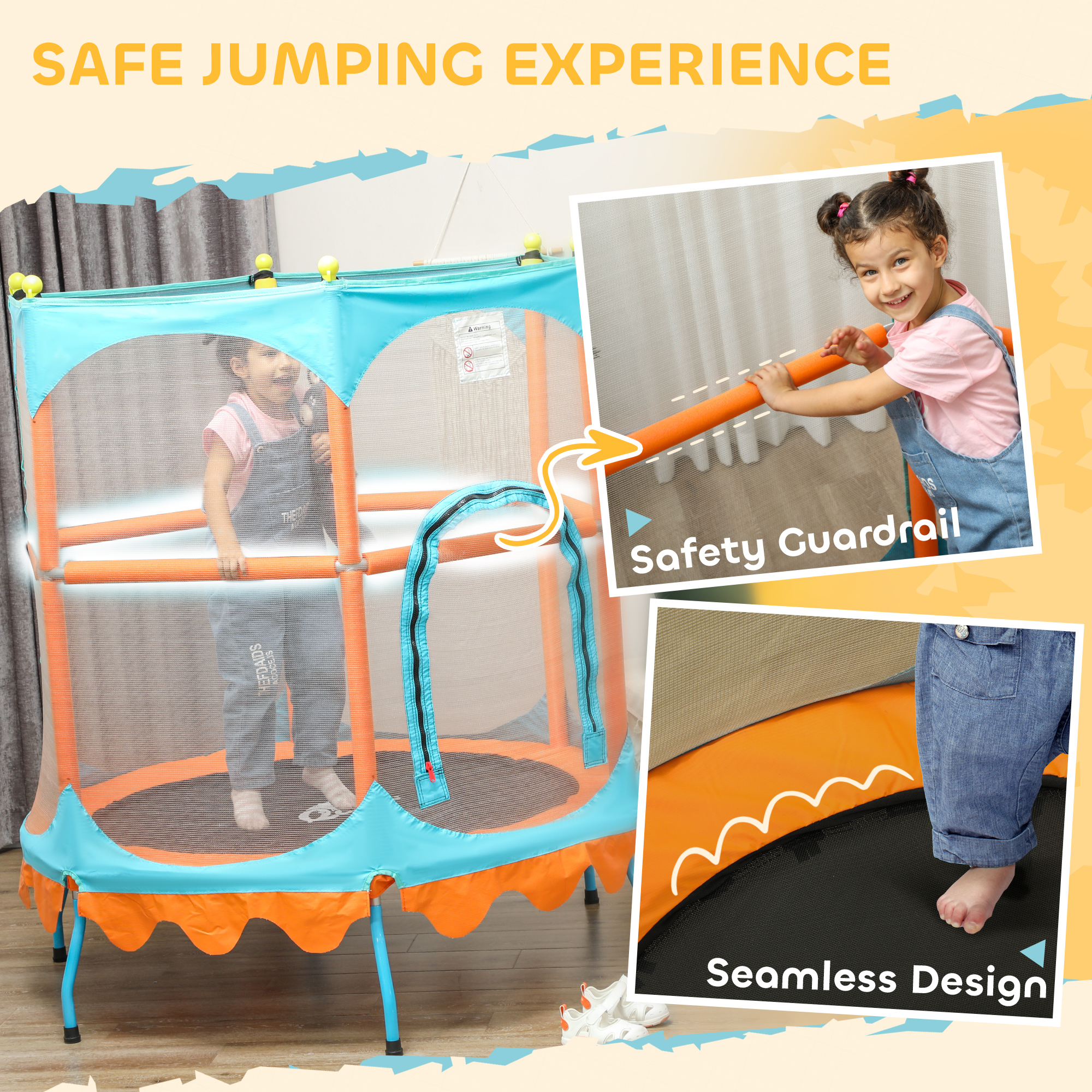 Qaba Trampoline for Kids, 4.6FT Mini Toddler Trampoline Indoor Outdoor w/ Safety Enclosure Net, Orange 3