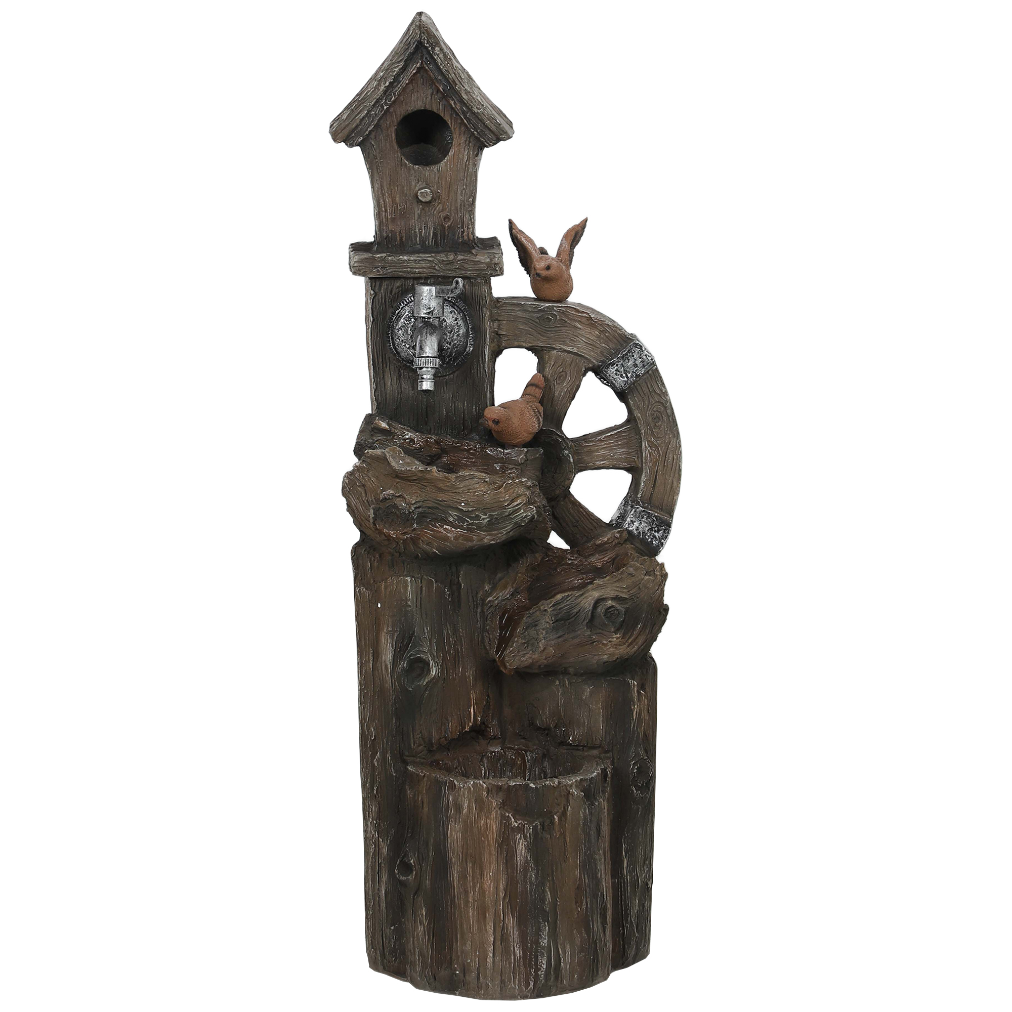 Outsunny 2-in-1 Outdoor Water Fountain with Birdhouse, Outdoor Waterfall Fountain with LED Lights Pump, Tree Trunk Outdoor Water Feature, Resin Garden