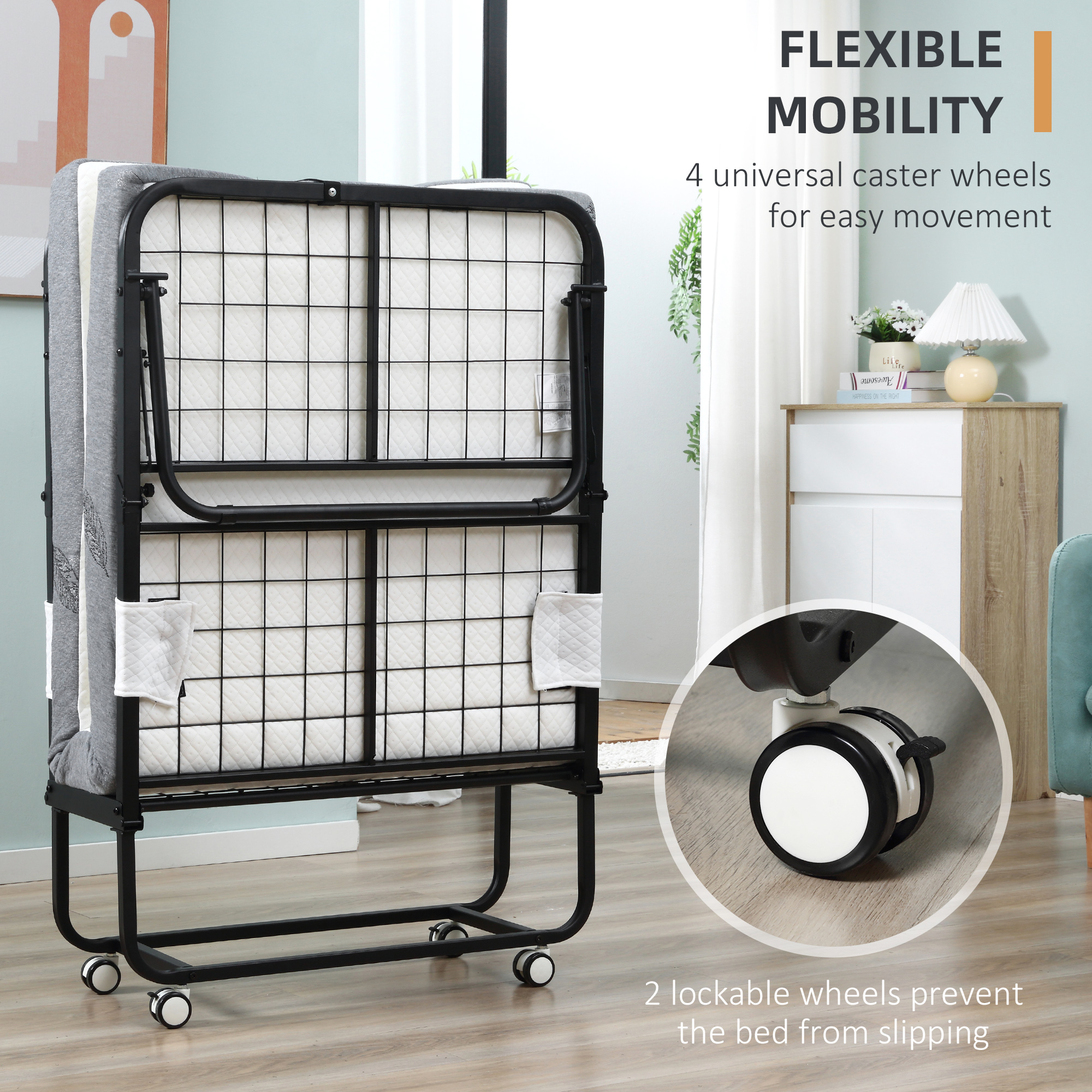 HOMCOM Folding Rollaway Bed with Mattress Portable White Guest Bed with Metal Frame and Wheels | Aosom.com 5