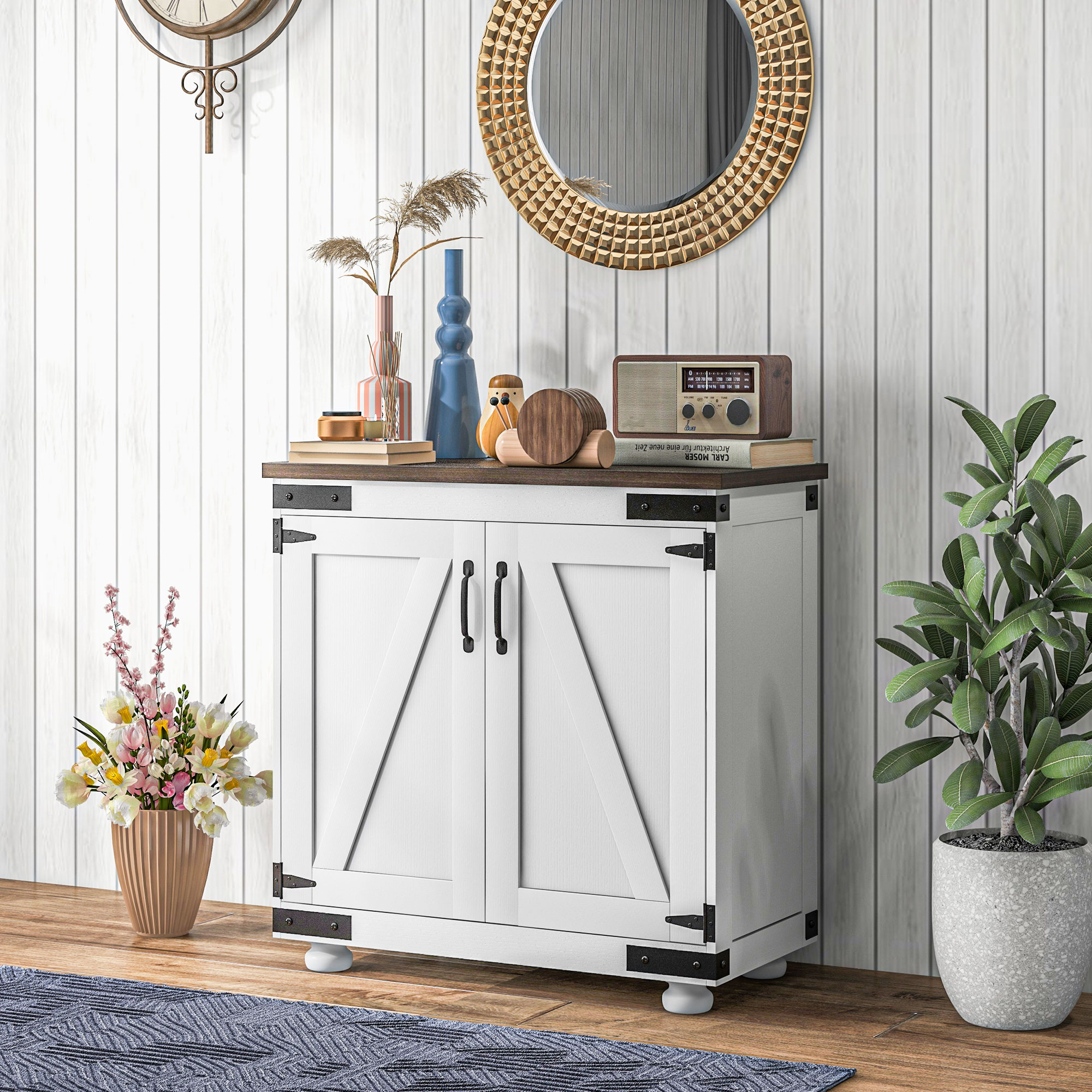 HOMCOM Sideboard Buffet Kitchen Pantry Cabinet Barn Door Adjustable Shelves White Brown Aosom Canada