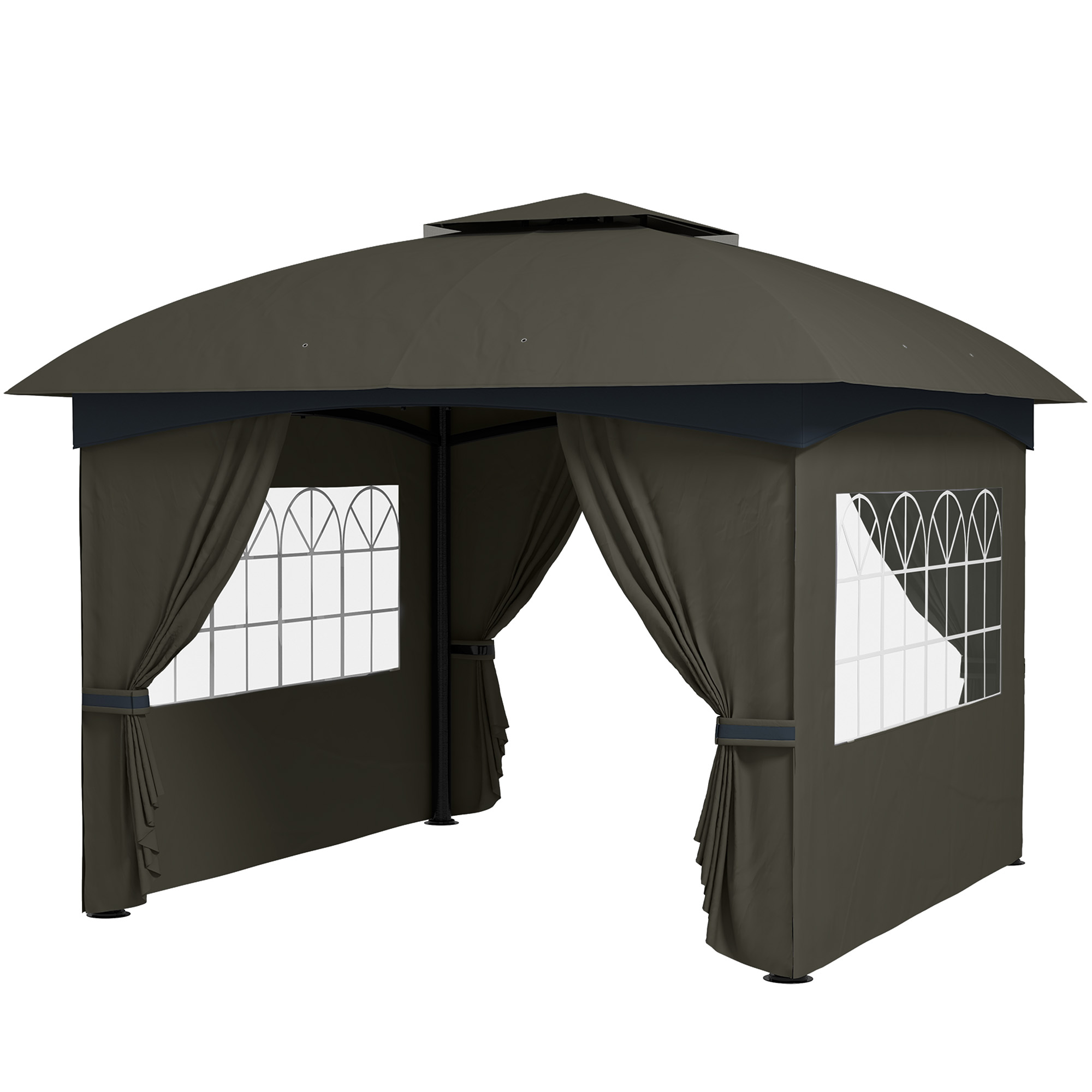 Outsunny 11' x 11' OutdoorÂ Gazebo,Â DoubleÂ Roof Patio Gazebo with Curtains, Church Windows, Galvanized Steel Frame, Dark Gray