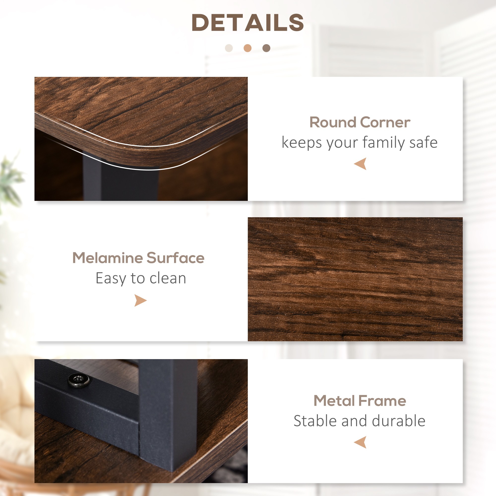 HOMCOM Vintage Industrial Coffee Table with Under-Top Storage Shelves and Rounded Corners, Dark Wood Color 3