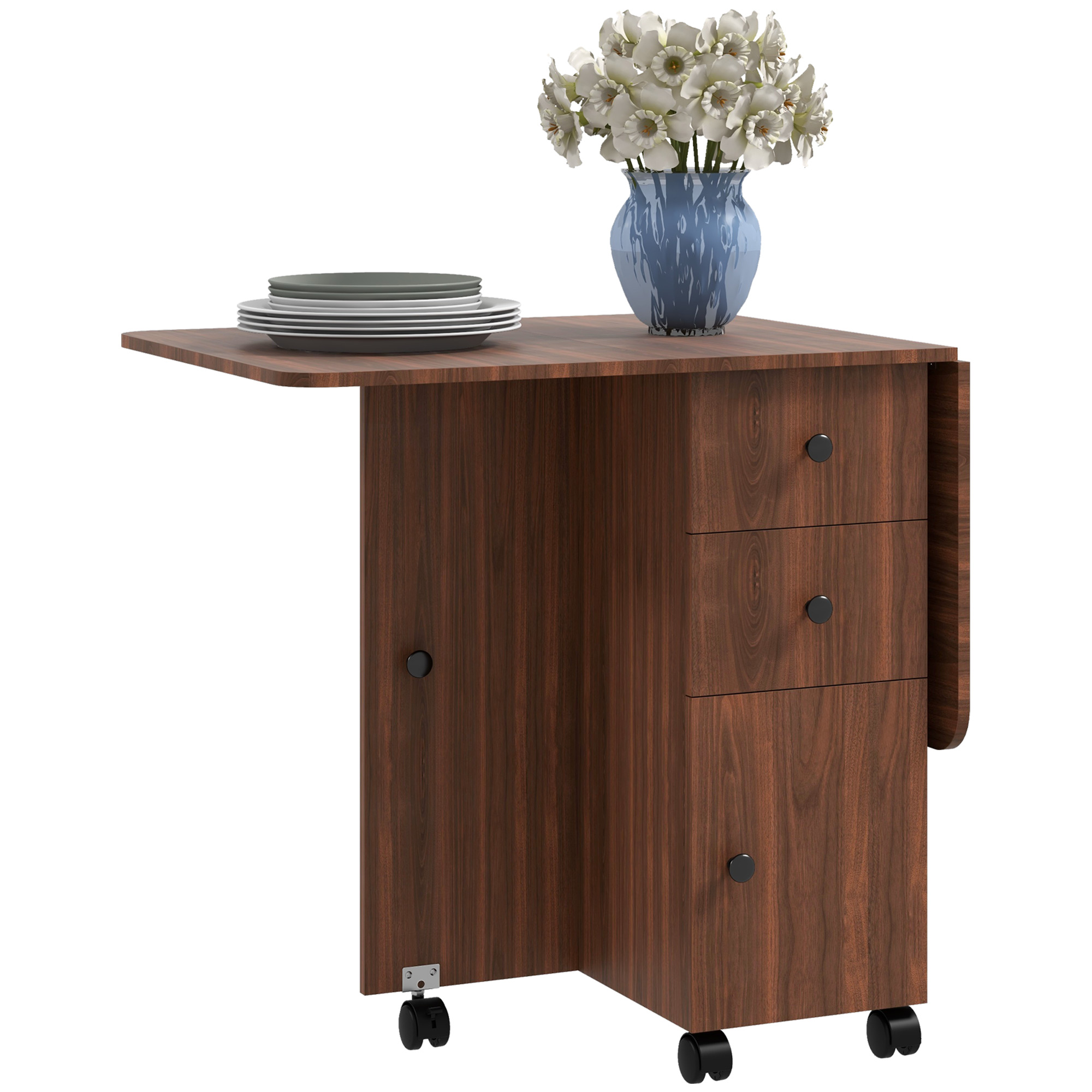 Rolling Foldable Surface on Castors with Drawers and Organizer Unit for Meal Room, Drop Leaf Meal Surface, Cooking, Brown 1