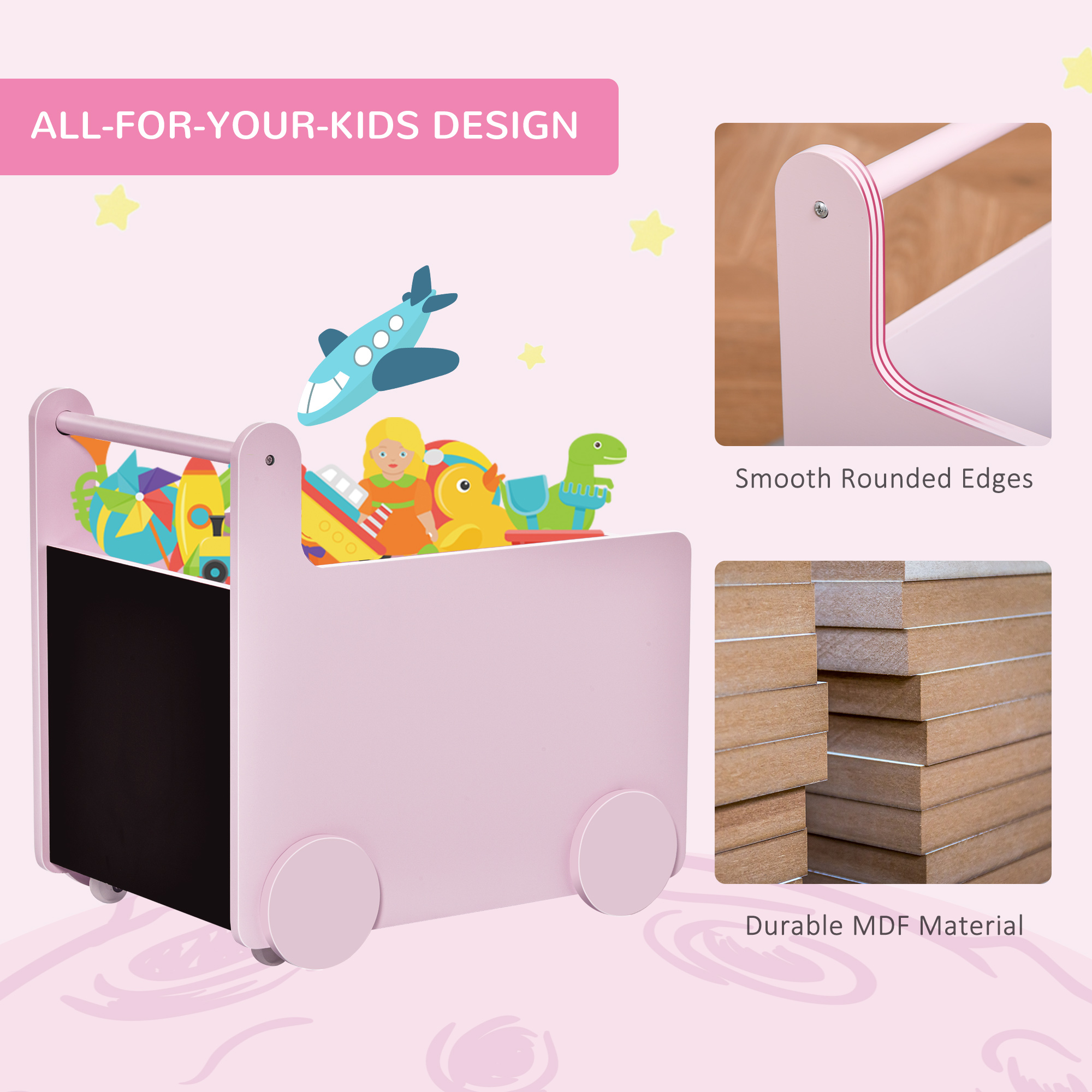 Qaba's Kids' Storage Cabinet, Organize Books, Toys, and Crafts, Safely Transport With Included Wheels, Pink 18.5"L x 13.75"W x 18"H 4