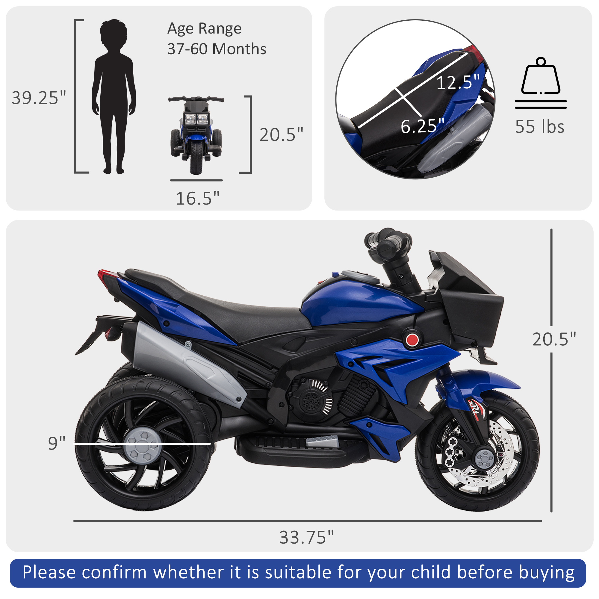【P7147】doa／RIDE ON Aosom Kids Electric Pedal Motorcycle Ride-On Toy 6V Battery