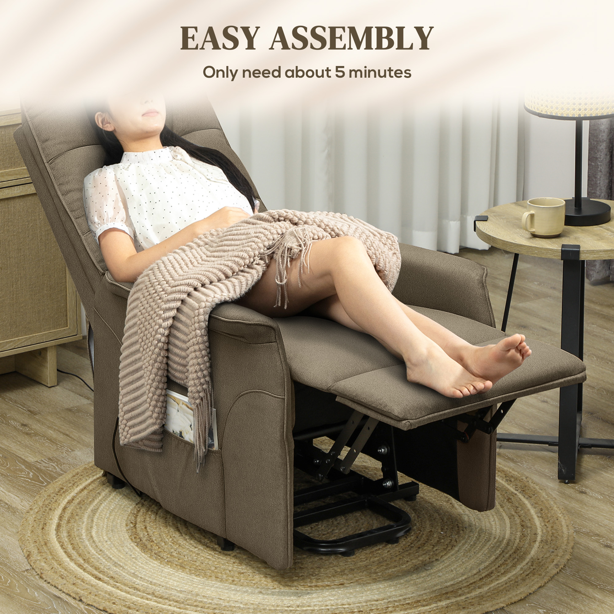 HOMCOM Power Lift Chair for Elderly, Fabric Recliner Sofa with Remote Control, Side Pockets, Quick Assembly, Brown 5