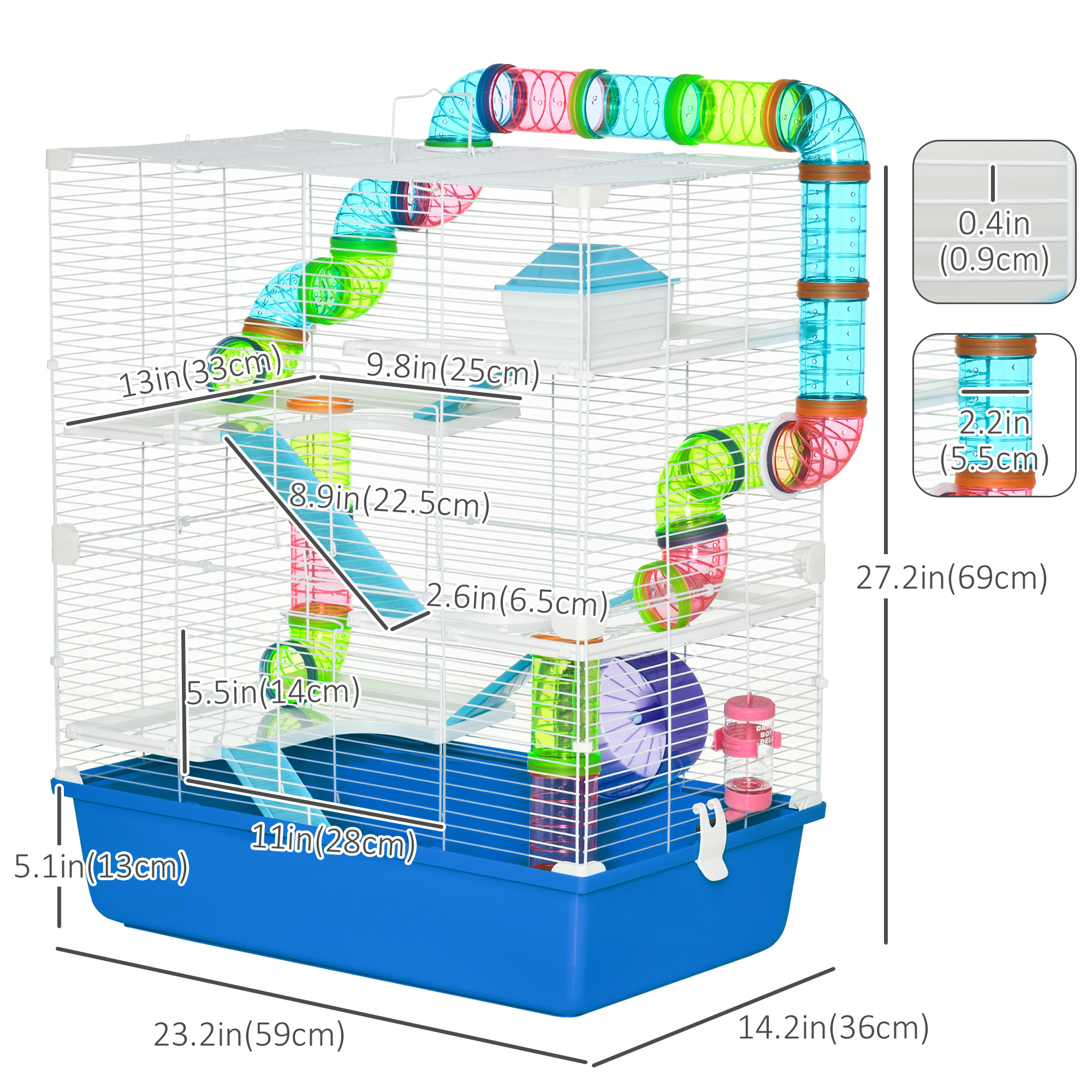 PawHut 23" Large Hamster Cage 5-Level with Tunnel Tube System, Blue ...