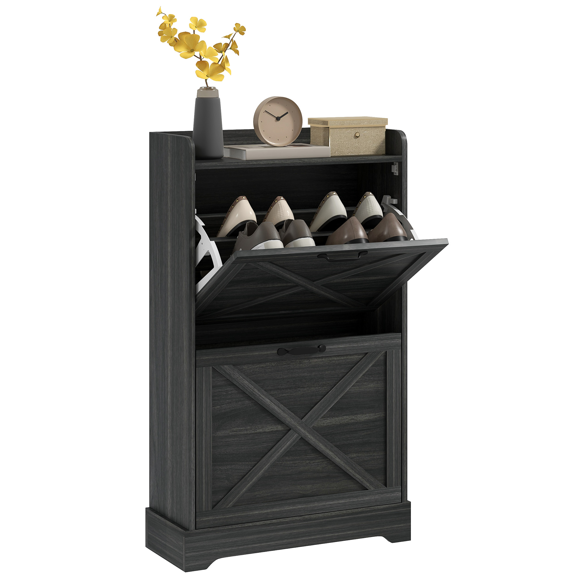 HOMCOM Slim Shoe Storage Cabinet, Farmhouse Shoe Cabinet with 2 Flip  Drawers, Adjustable Shelves for 8 Pairs, Distressed Grey