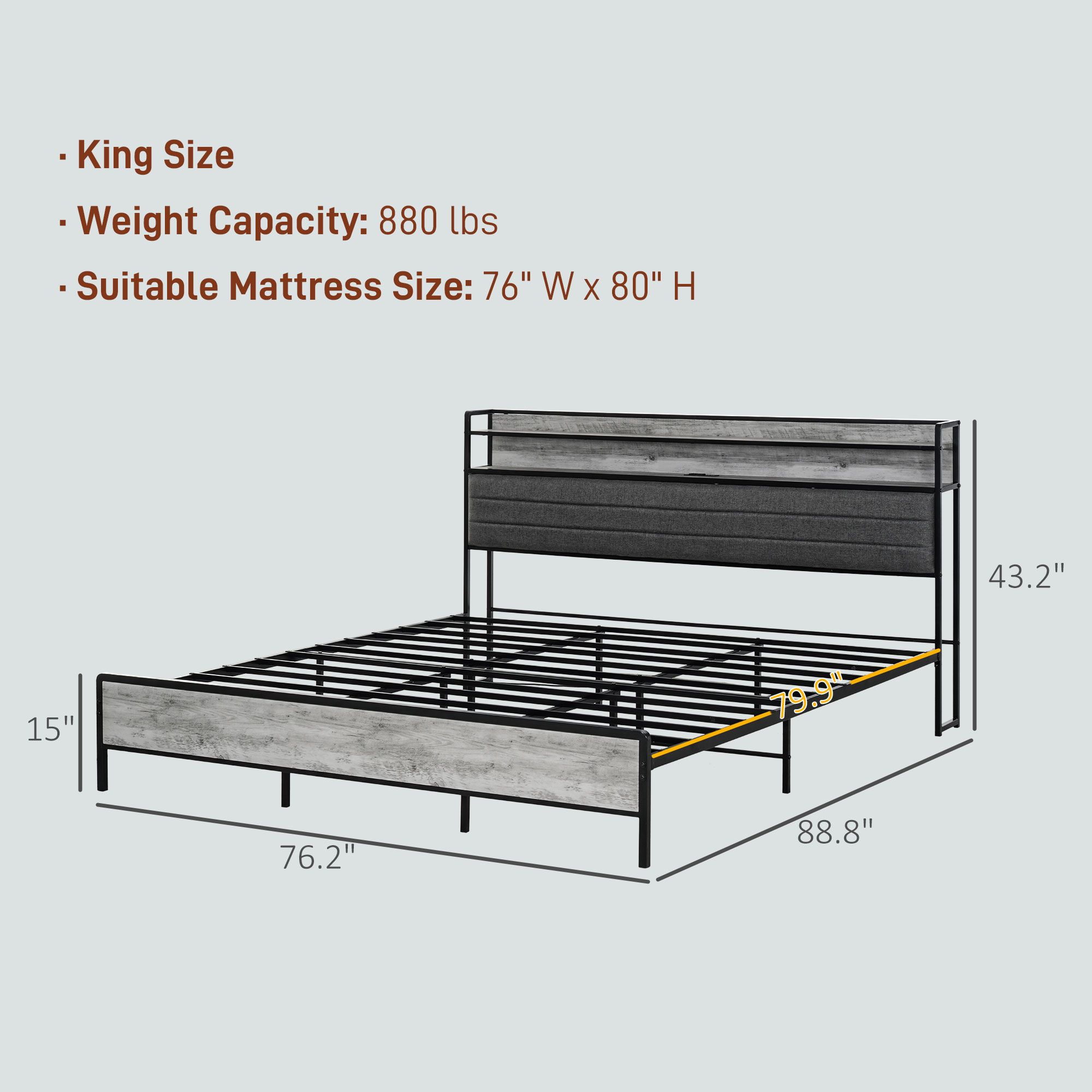 HOMCOM King Bed Frame with Storage Upholstered Headboard, King Size Bed Frame with LED Lights, Charging Station, Cement Gray | Aosom.com 1