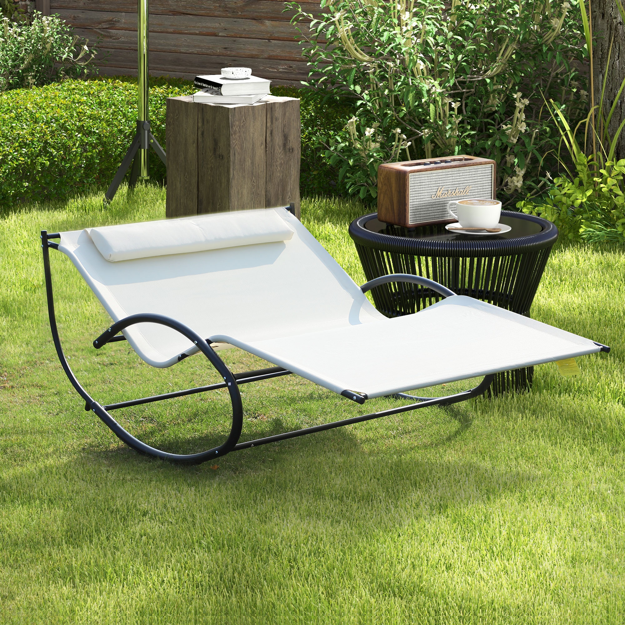 Outsunny Double Chaise Lounger Garden Rocker Sun Bed Outdoor Hammock Chair  Texteline with Pillow Cream White