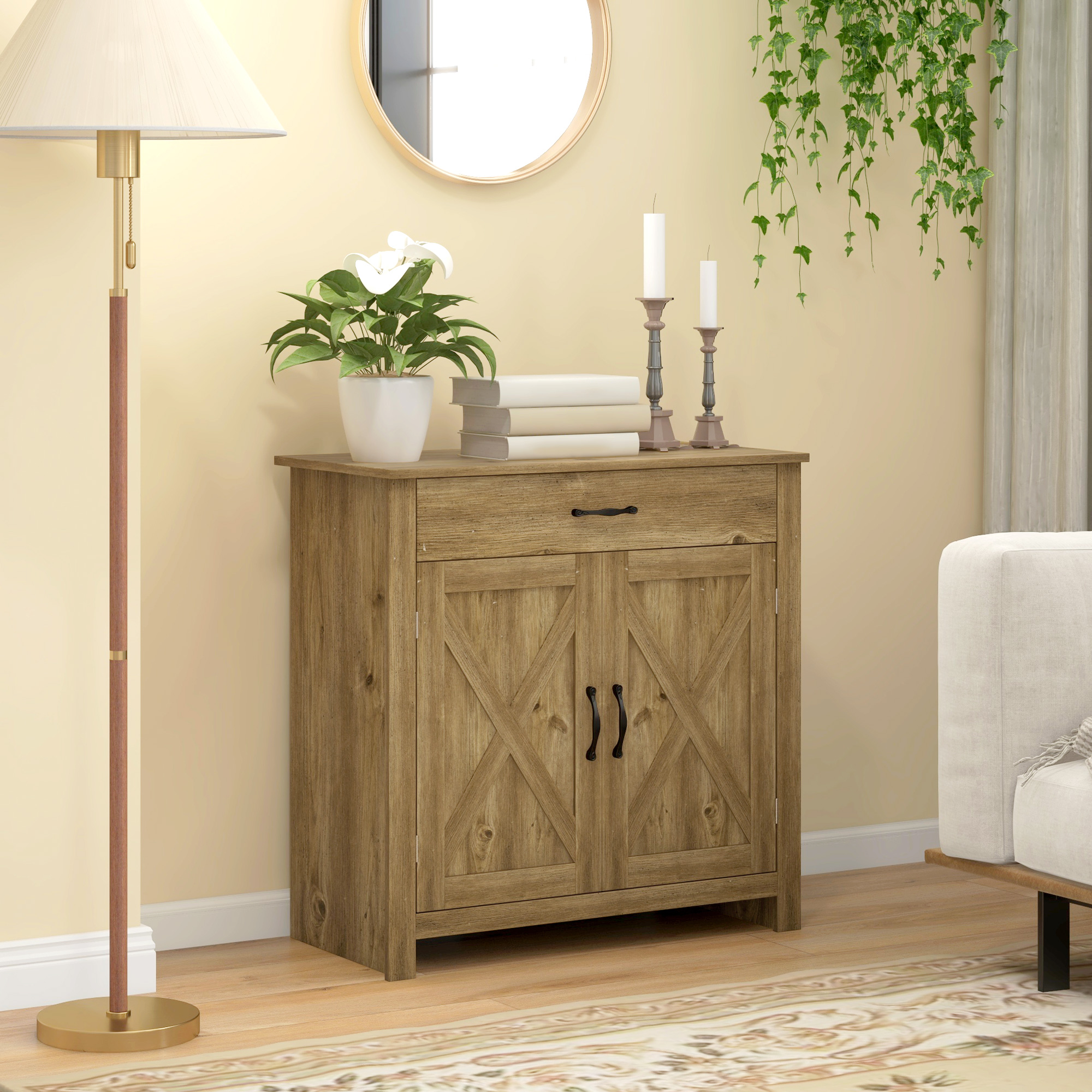 HOMCOM Farmhouse Sideboard, Kitchen Buffet Cabinet with Barn Doors, Drawer, Adjustable Shelf, Natural Wood | Aosom.com 6