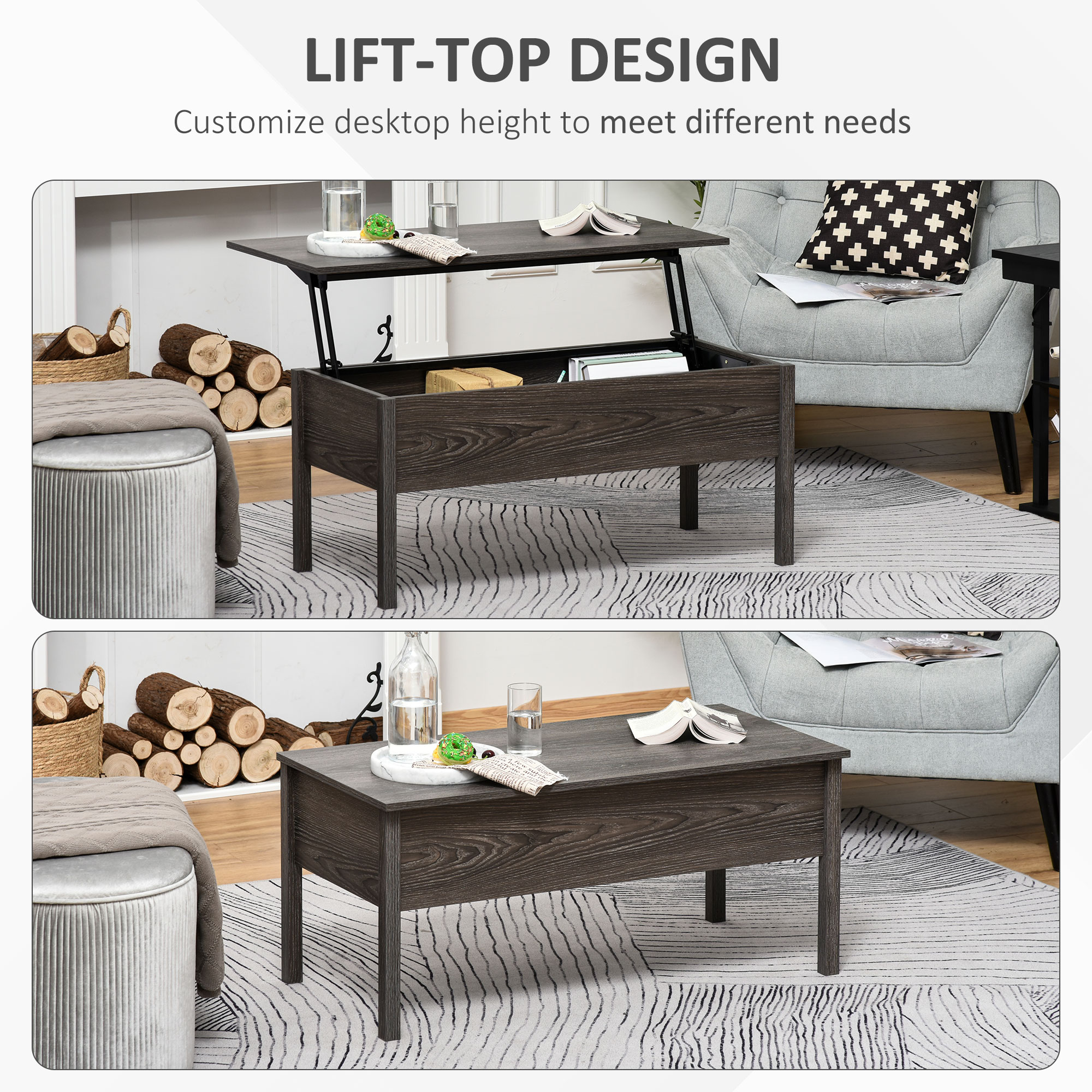 HOMCOM Modern Lift Top Coffee Table with Hidden Storage Light Grey Woodgrain for Stylish Living Room | Aosom.com 2