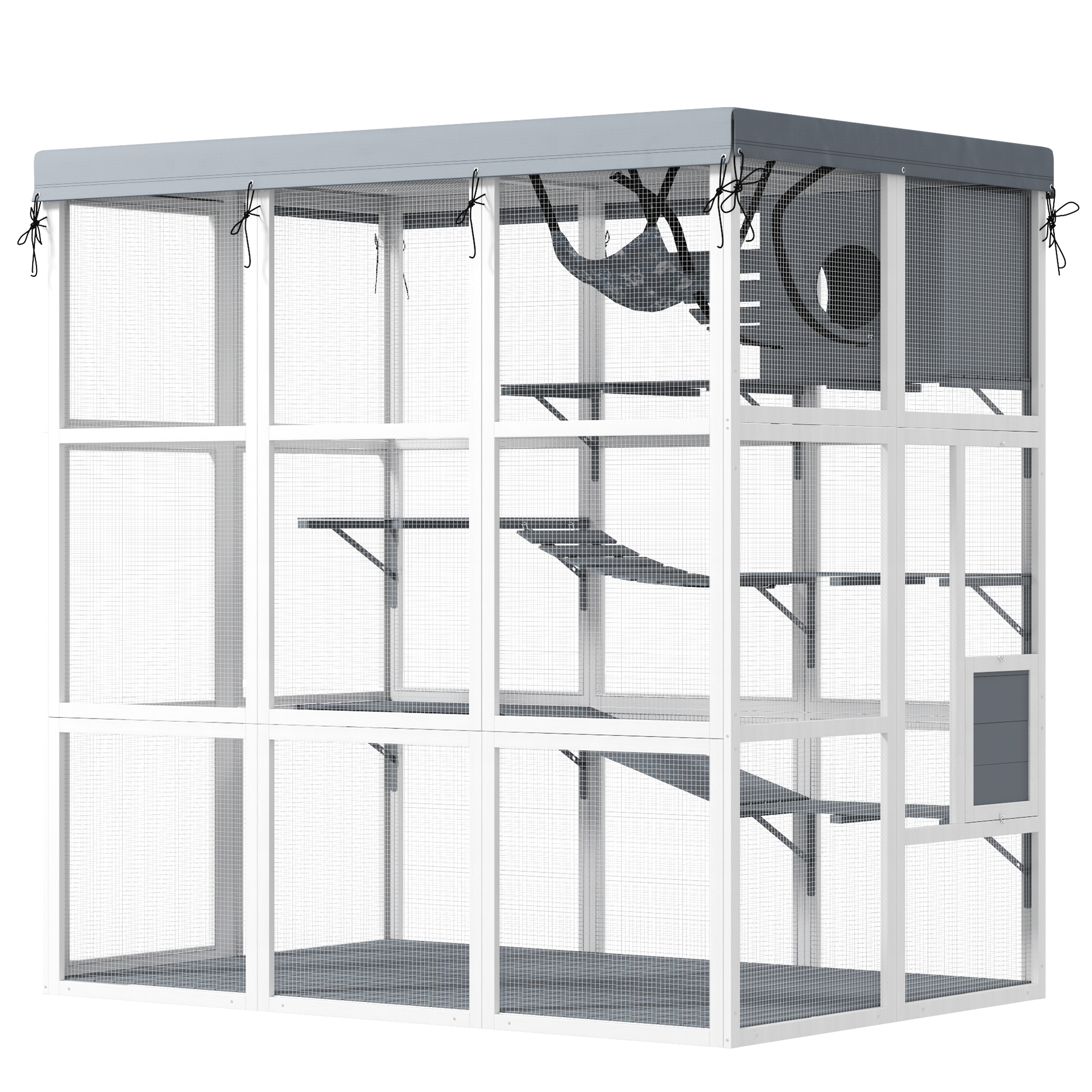 PawHut Large Outdoor Catio Cat Enclosure with Hammock, Condo, Jump Platforms, Ladders, Ramps, Tarp, for 2-4 Large Cats, Gray