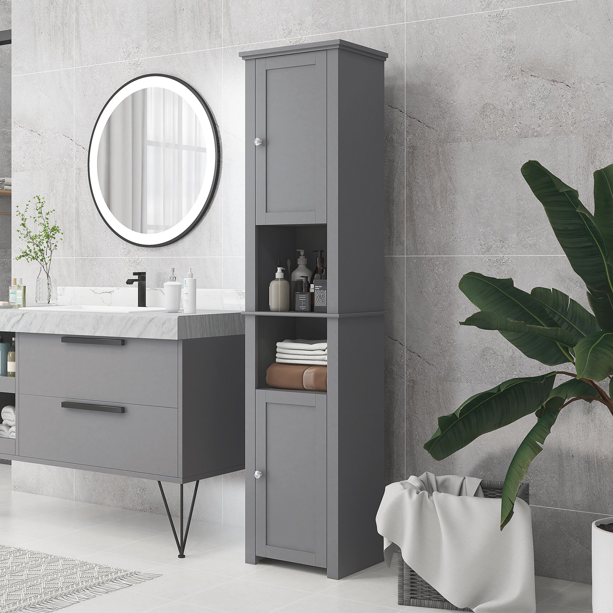 HOMCOM Tall Bathroom Cabinet, Freestanding Linen Cabinet with Open Shelves and 2 Cupboards ...