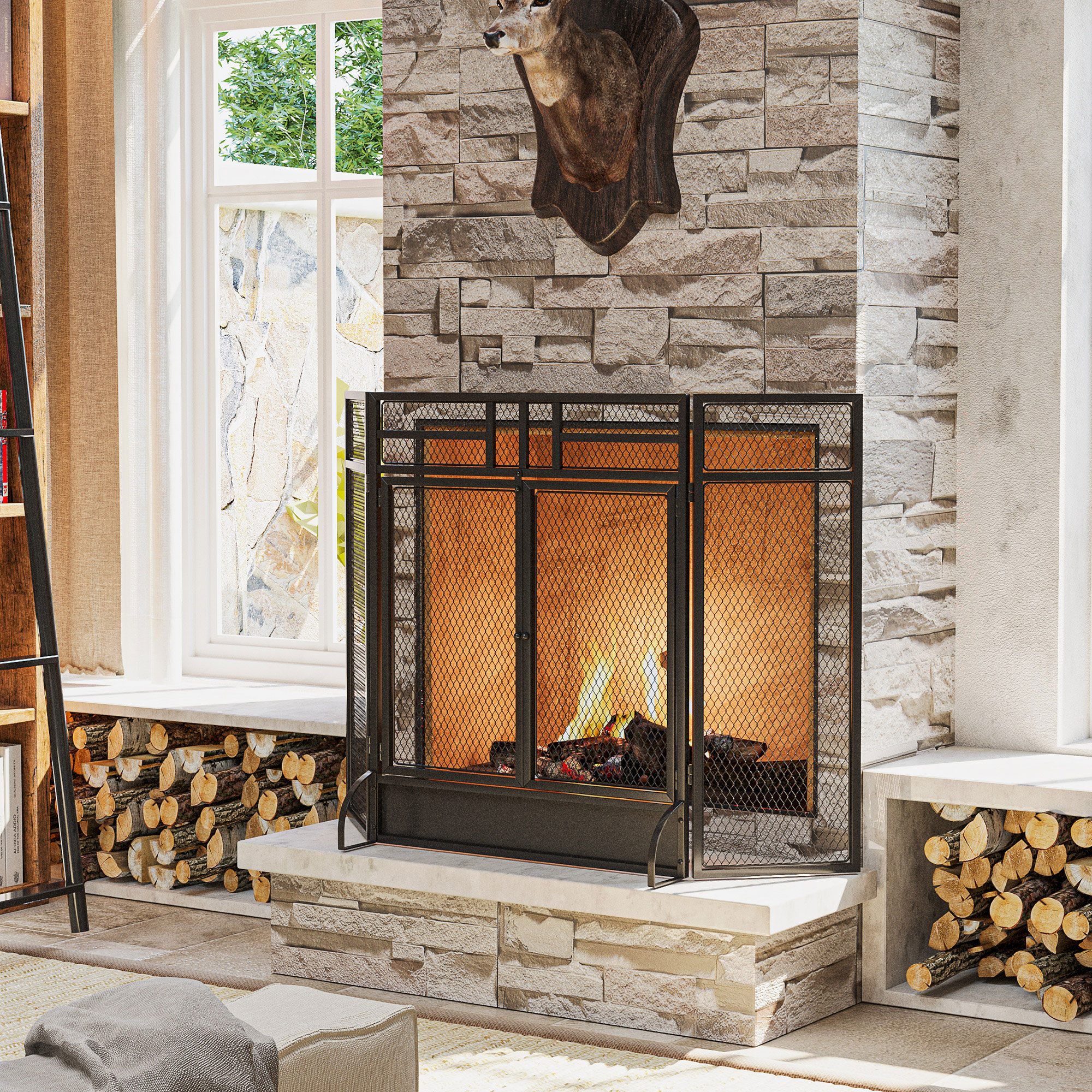 ファイヤースクリーン HOMCOM 3-Panel Folding Fireplace Screen with Door