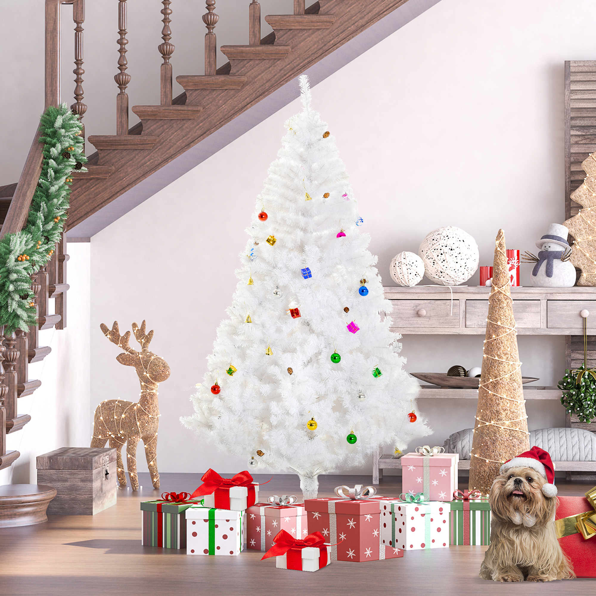 HOMCOM 5.9 Artificial White Christmas Tree with Decorations
