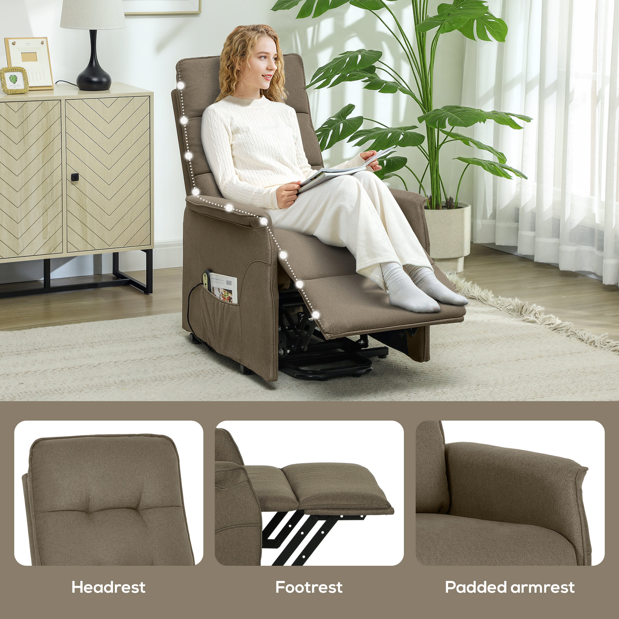 HOMCOM Power Lift Chair for Elderly, Fabric Recliner Sofa with Remote Control, Side Pockets, Quick Assembly, Brown 6
