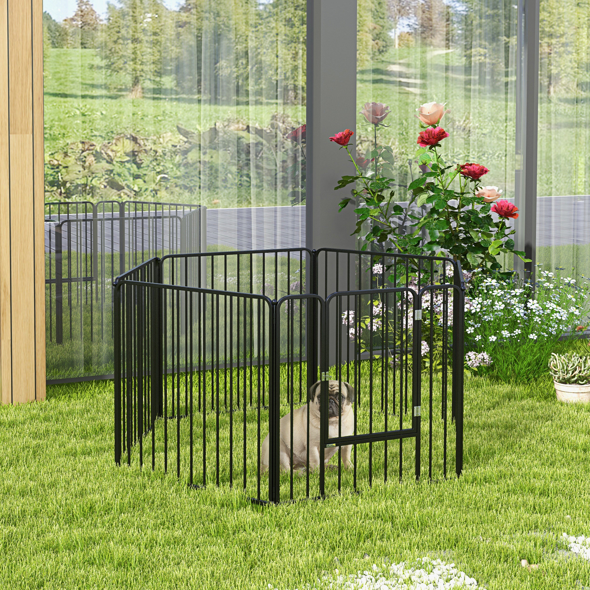PawHut Dog Fence Outdoor 6 Panels 31.5" Height Steel Pet Exercise Pen ...