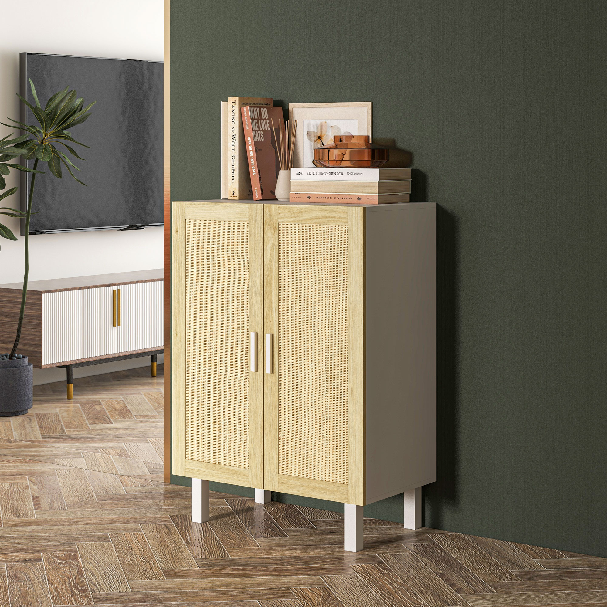 HOMCOM Boho Kitchen Cabinet, Buffet Cabinet with 2 Rattan Doors and Adjustable Shelves for Dining Room, White and Natural 7