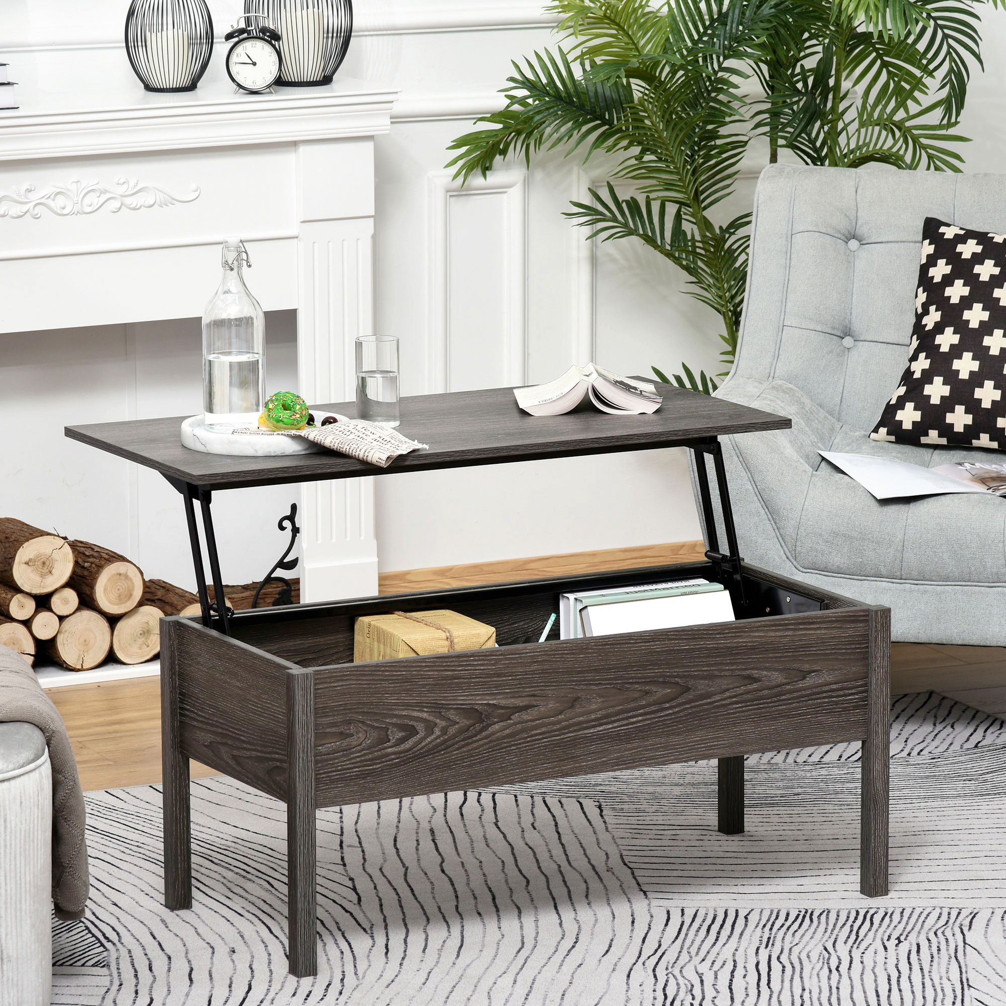 HOMCOM Modern Lift Top Coffee Table with Hidden Storage Light Grey Woodgrain for Stylish Living Room | Aosom.com 5