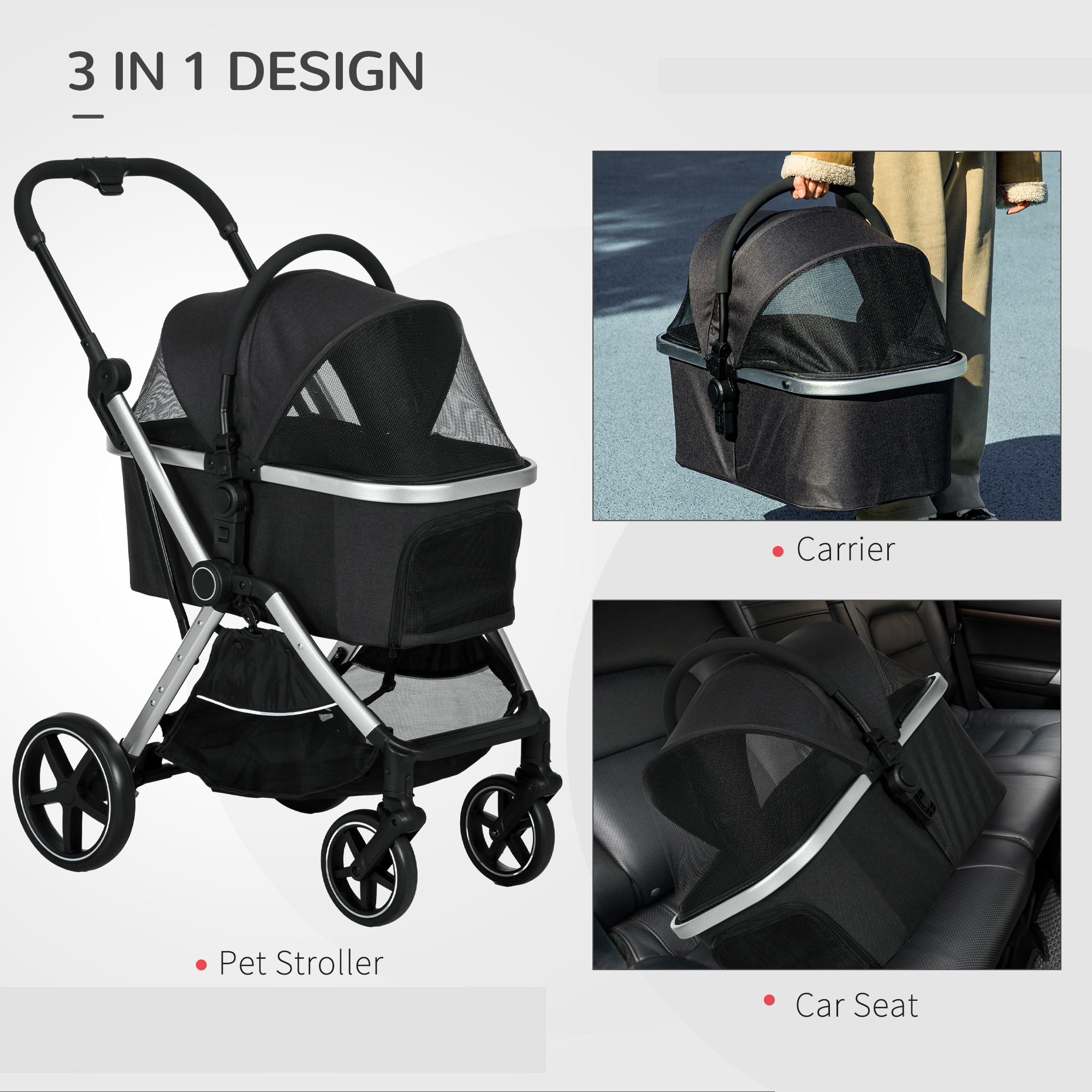 PawHut 2 in 1 Pet Stroller with Storage Basket, Removable Carriage,  Cushion, Safety Leashes for Small Dogs and Cats, Black | Aosom.com