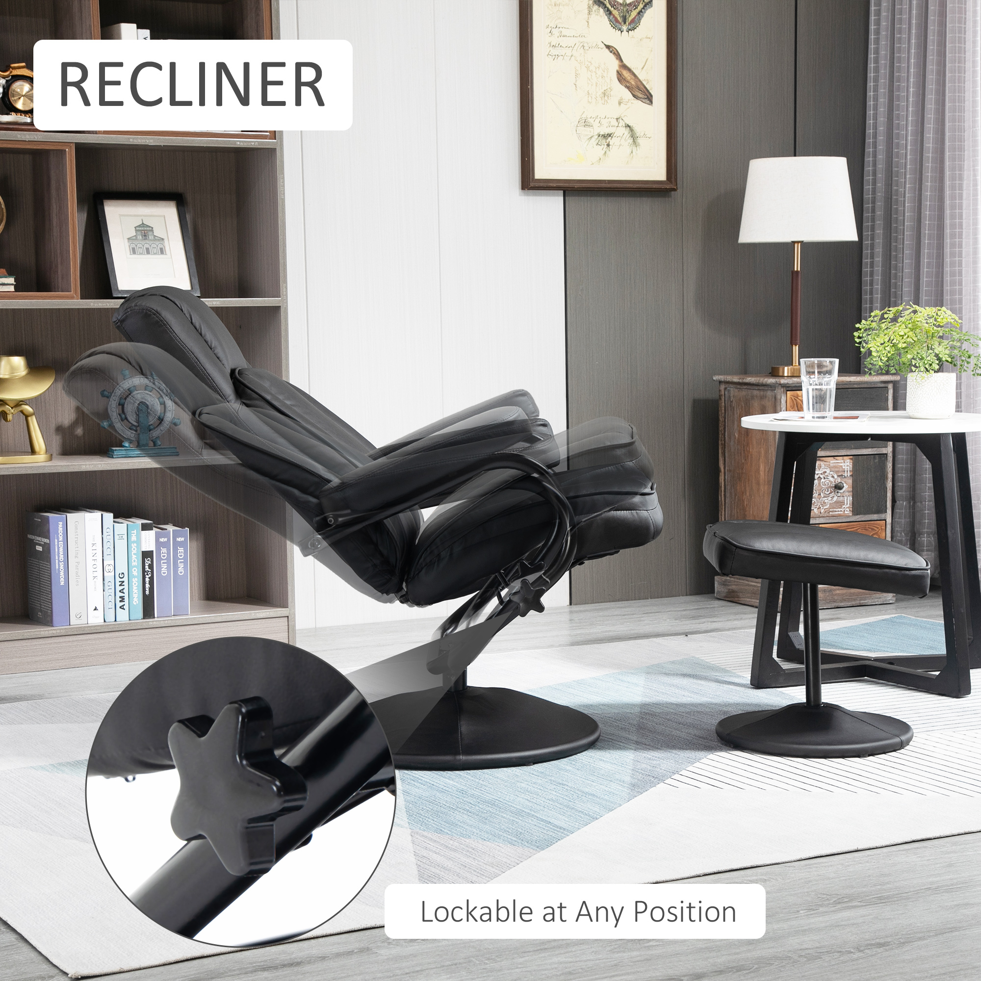 HOMCOM Swivel Recliner Black Manual PU Leather Armchair with Ottoman for Living Room Office Bedroom | Aosom.com 2