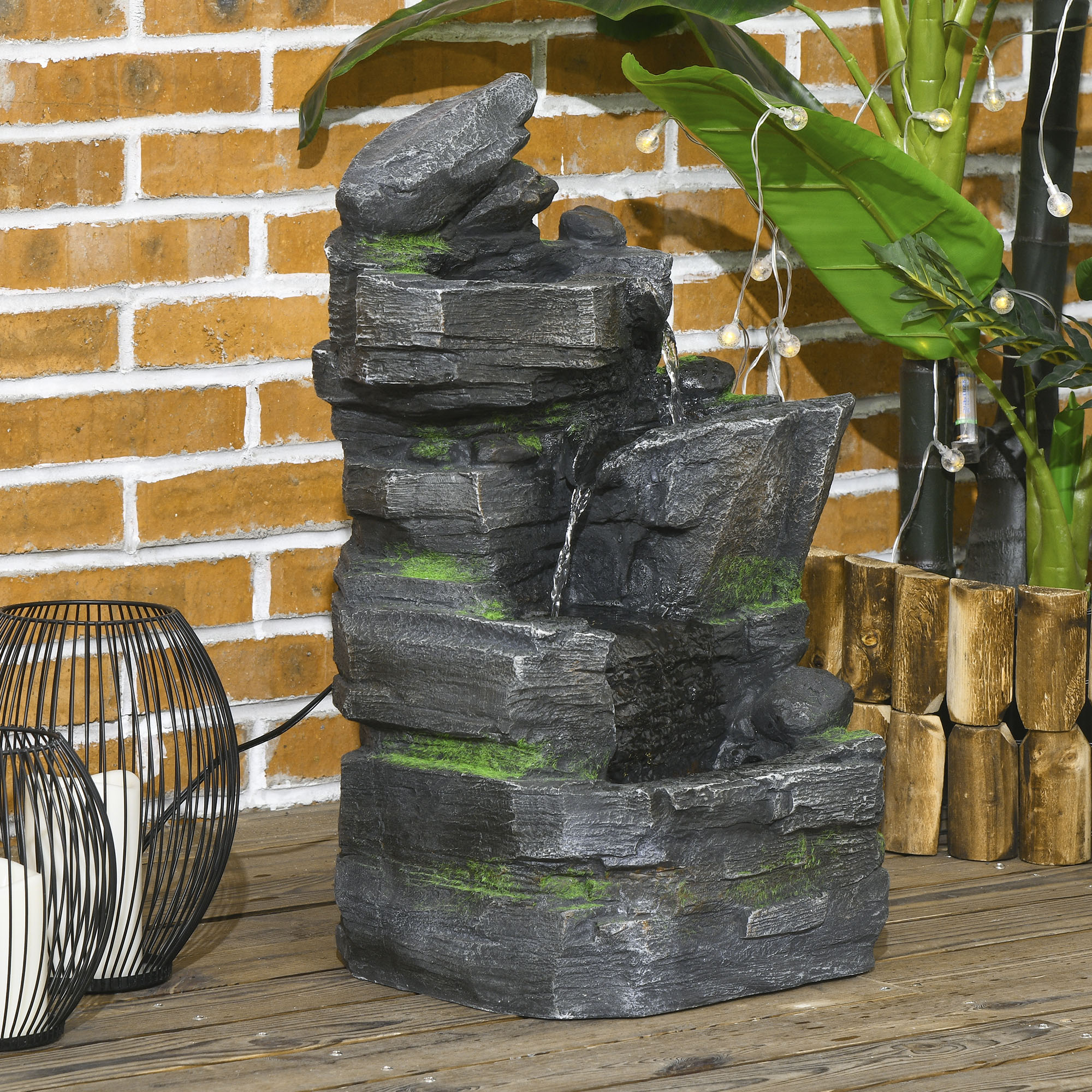 Outsunny 4-Tiered Patio Water Fountain with LED Lights, Adjustable