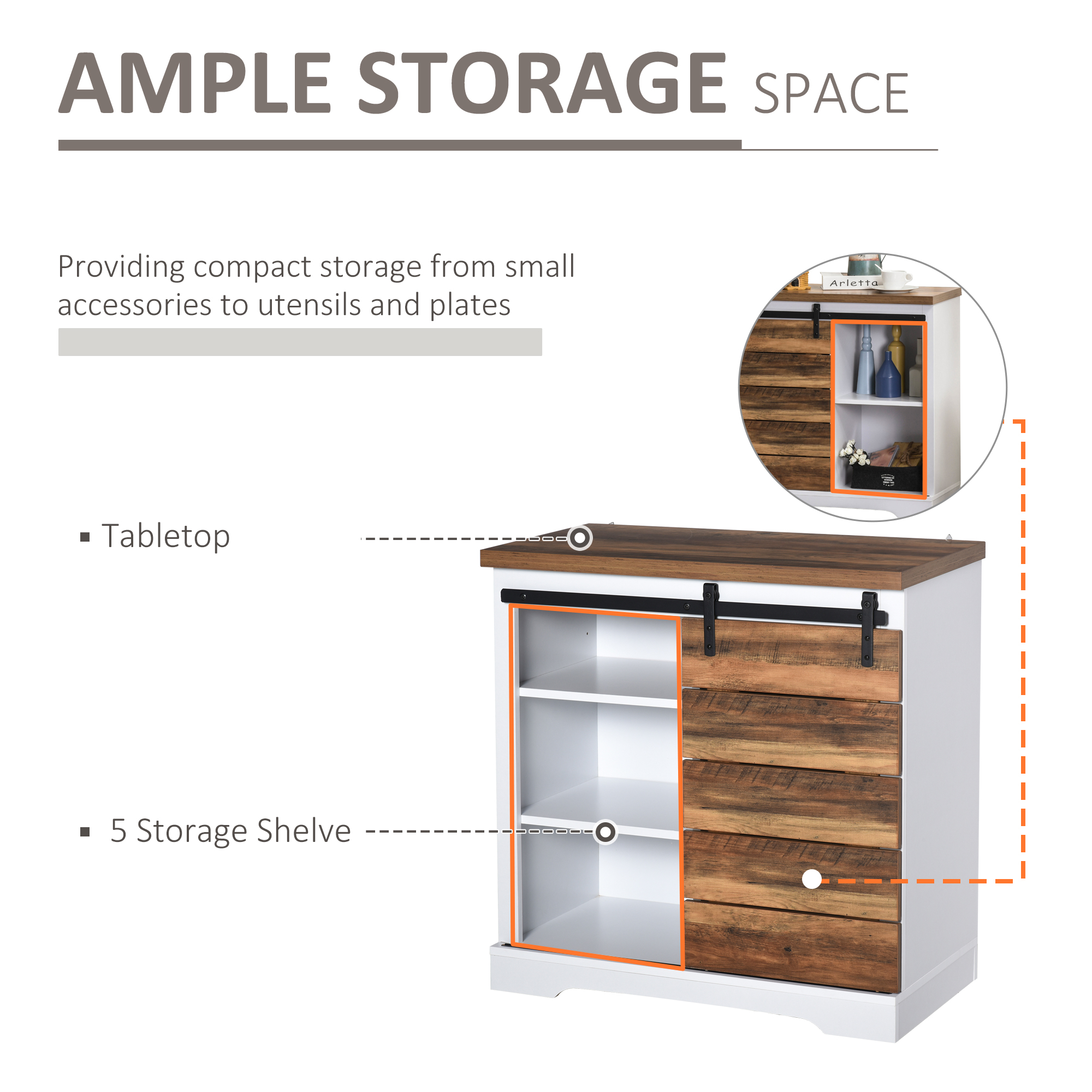 HOMCOM Portable Kitchen Island Rustic Farmhouse Accent Side Cabinet Buffet Sideboard With Sliding Barn Door for Kitchen, Entryway & Dining Room 2
