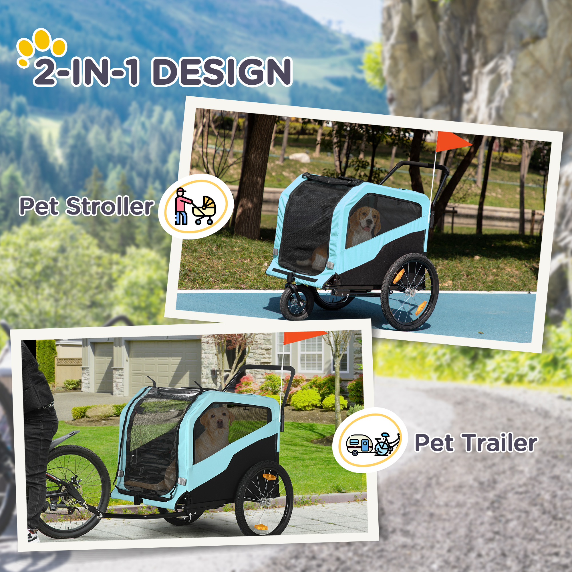 Aosom 2-in-1 Dog Bike Trailer Pet Stroller Carrier for Large Dogs with Hitch, Quick-release Wheels, Foot Support - Blue