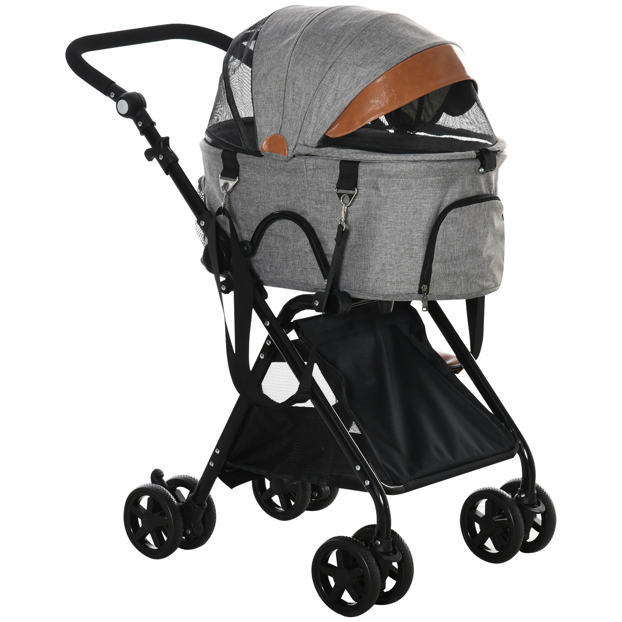 PawHut 4-Wheel Pet Stroller - 2-in-1 Dog & Cat Carrier With Canopy & Storage Basket, Grey
