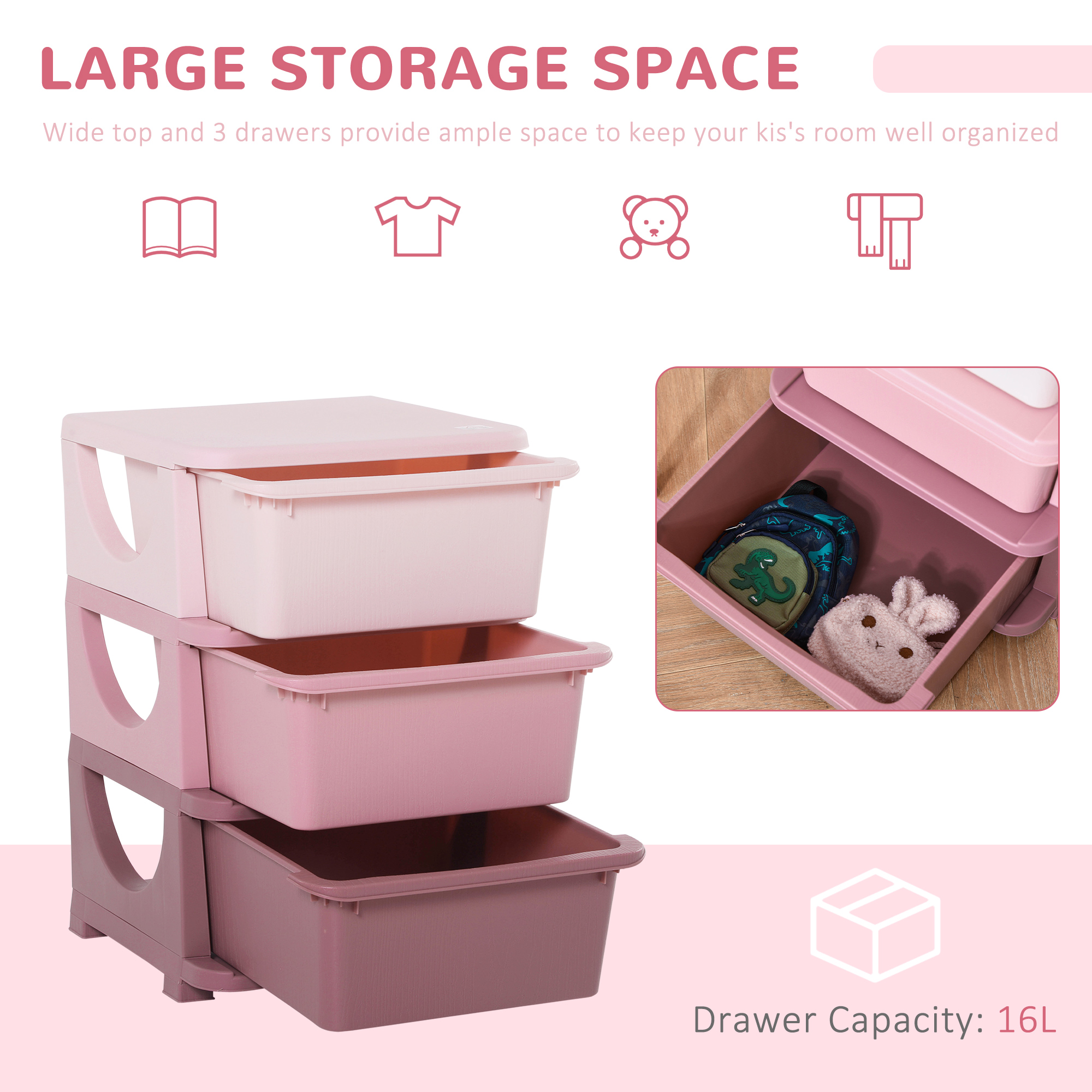 Qaba Pink 3 Tier Storage Dresser, Kids Toy Organizer and Chest, Efficient for Bedroom, Nursery, and Living Room | Aosom.com 4