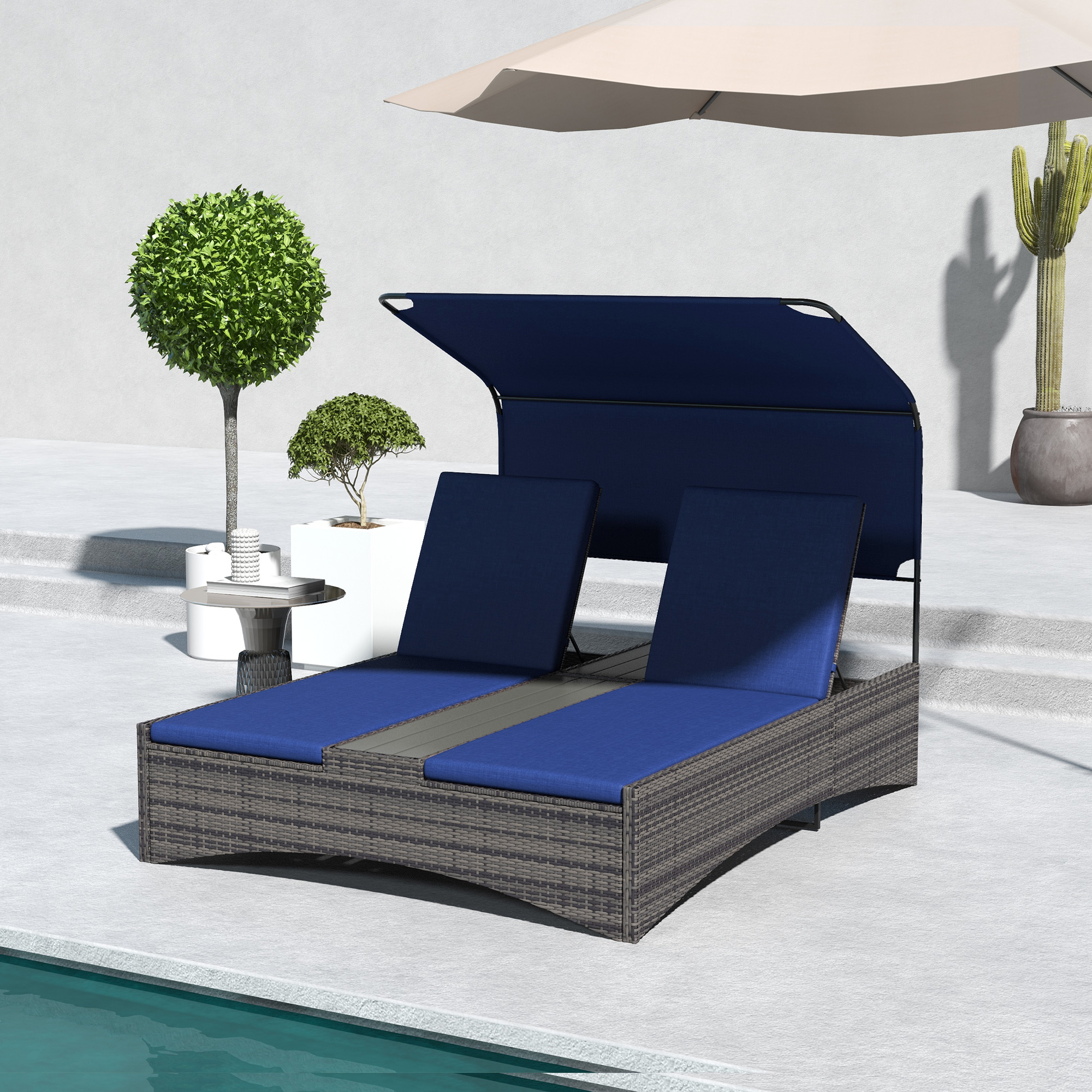 Outsunny PE Rattan Outdoor Double Chaise Lounge, Reclining