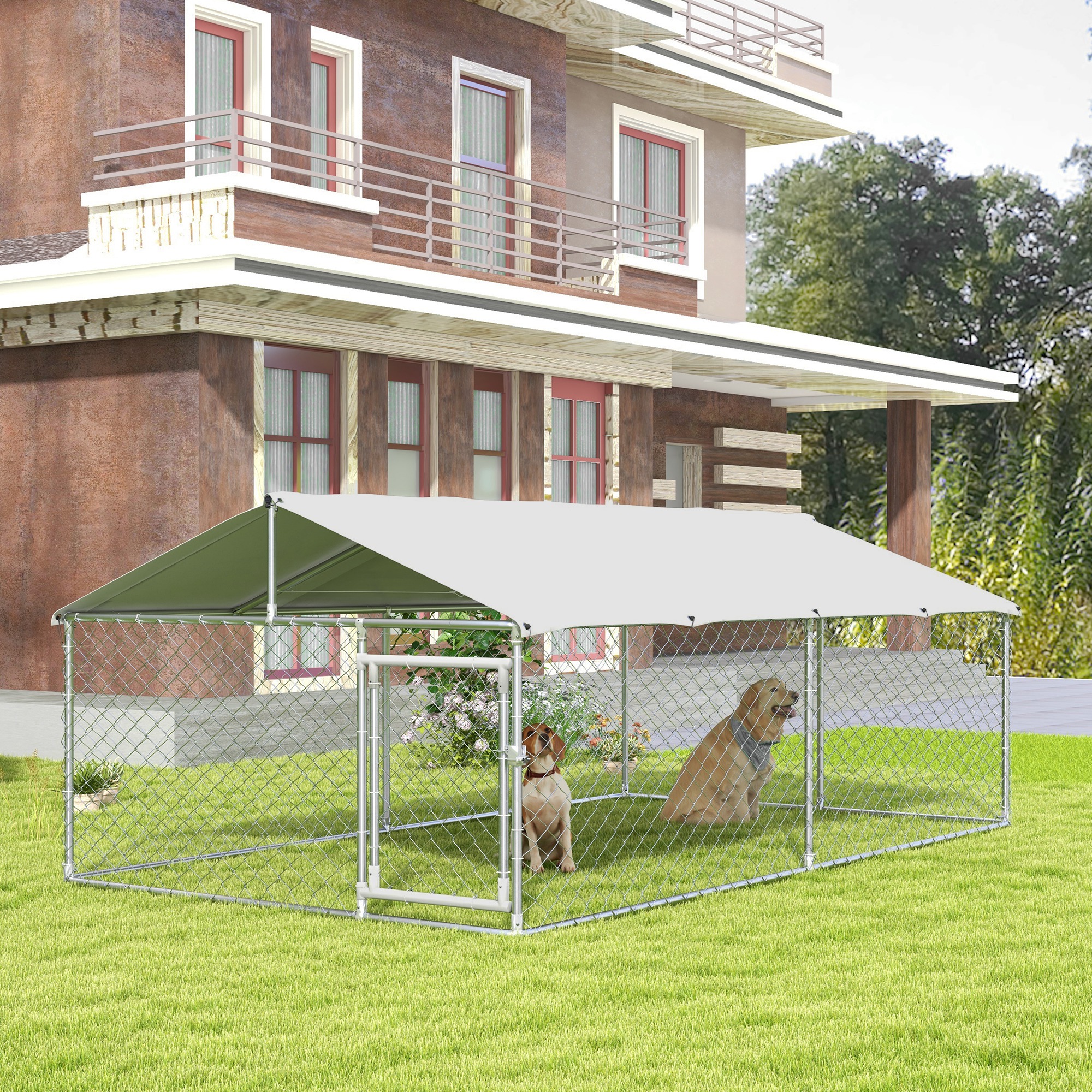 PawHut Large Outdoor Dog Kennel 13.1'x7.5'x4.9' Waterproof, UV Resistant Cover, Silver Secure for Medium to Large Dogs Aosom Canada