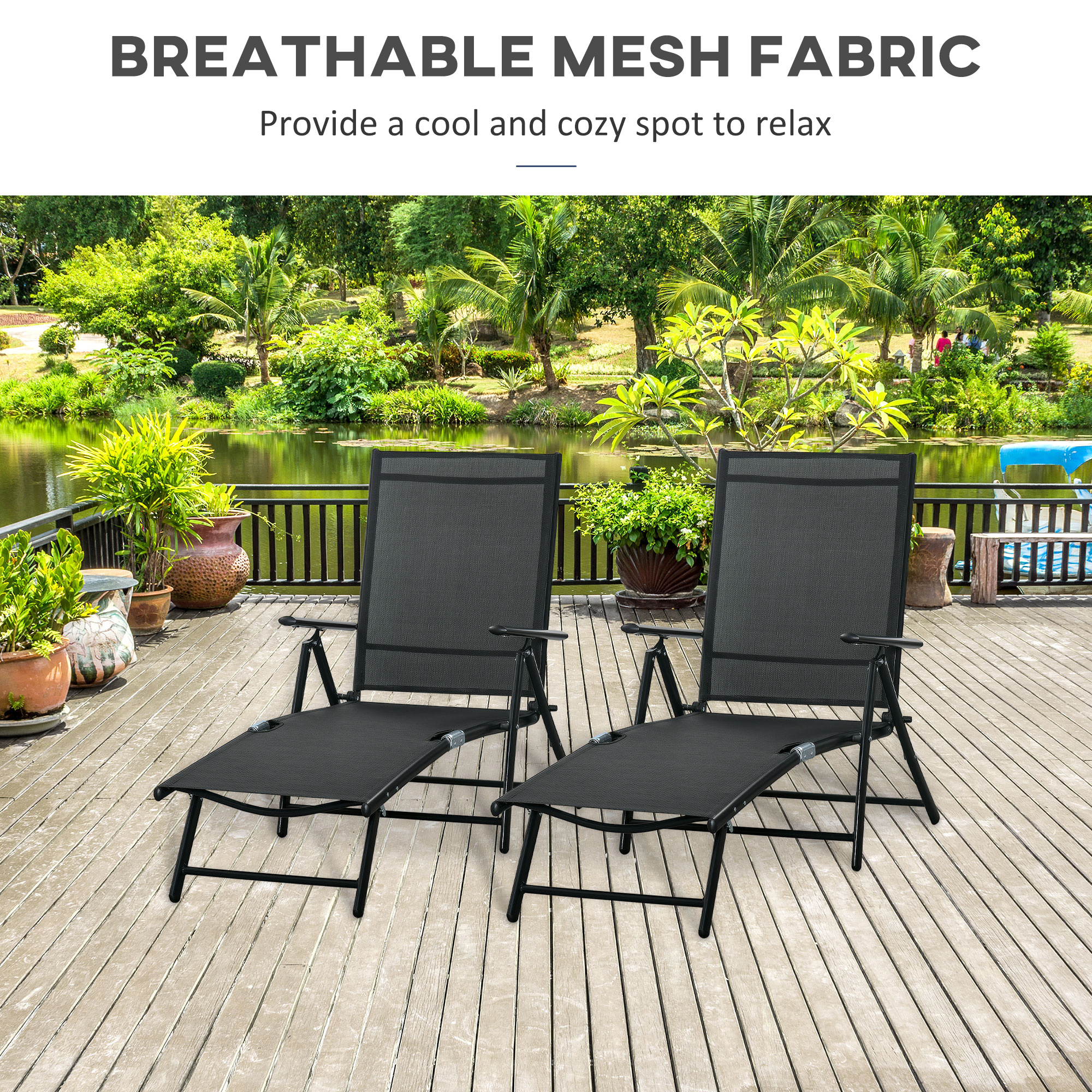 Outsunny Outdoor Set of Lounge Chair, Folding Reclining Garden