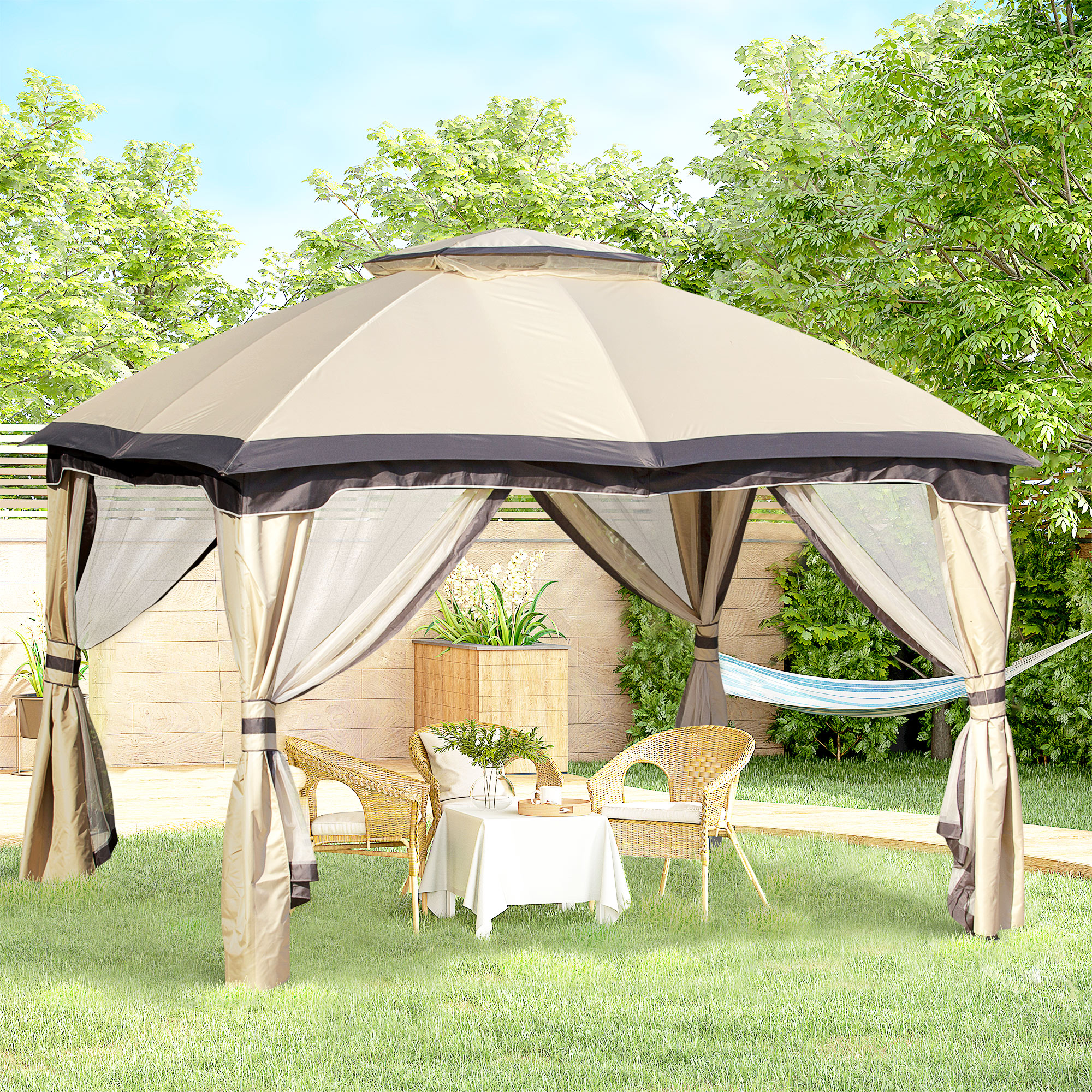 Outsunny 12' x 10' 2-Tier Outdoor Gazebo Canopy Tent for Patio with Zippered Mesh Sidewalls, Solid Steel Frame, Arched Roof, Beige | Aosom Canada