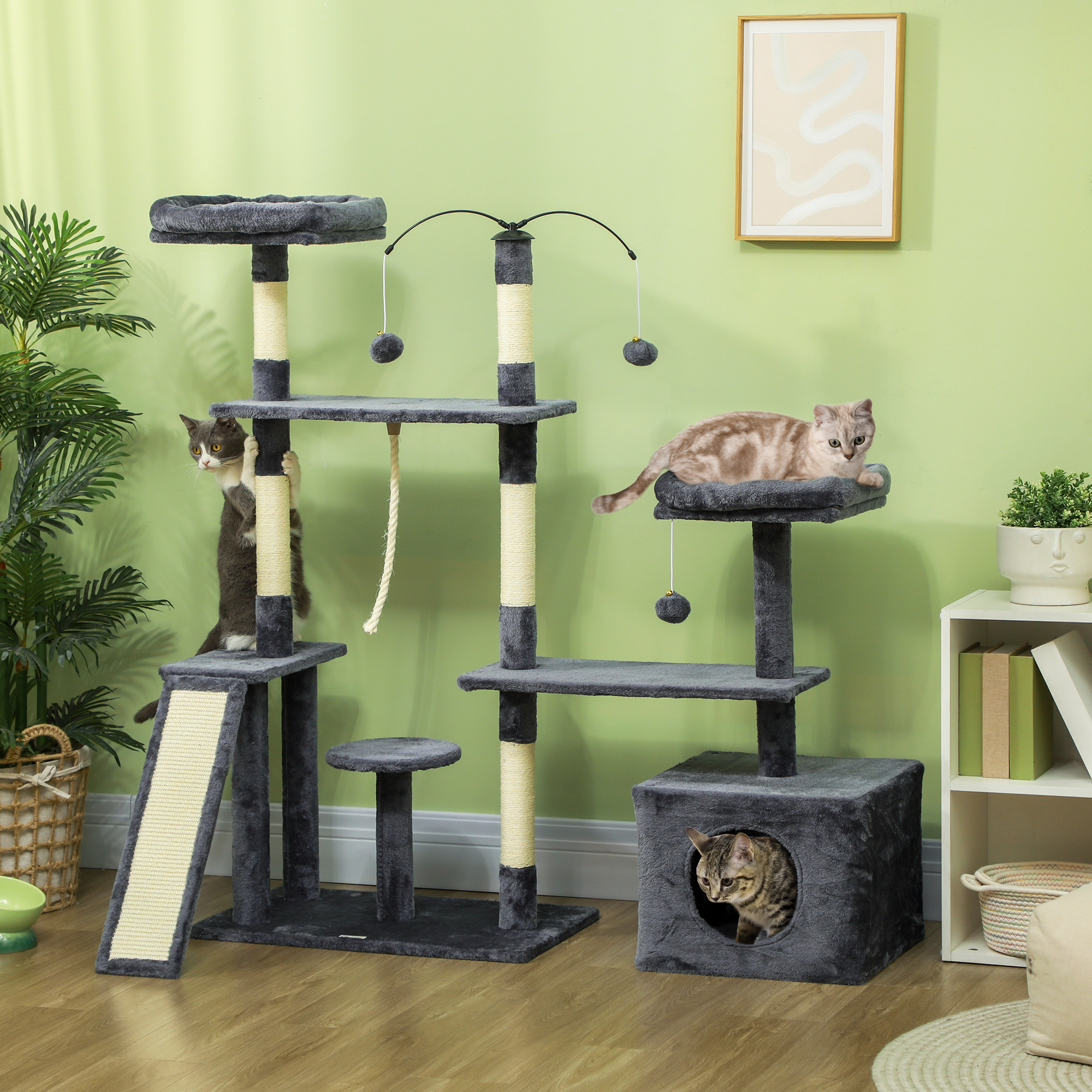 PawHut 53" Cat Tree, Cat Tower with Scratching Posts, Cat Condo, Beds, Platforms, Toy Balls for Indoor Cats, Dark Grey Aosom Canada