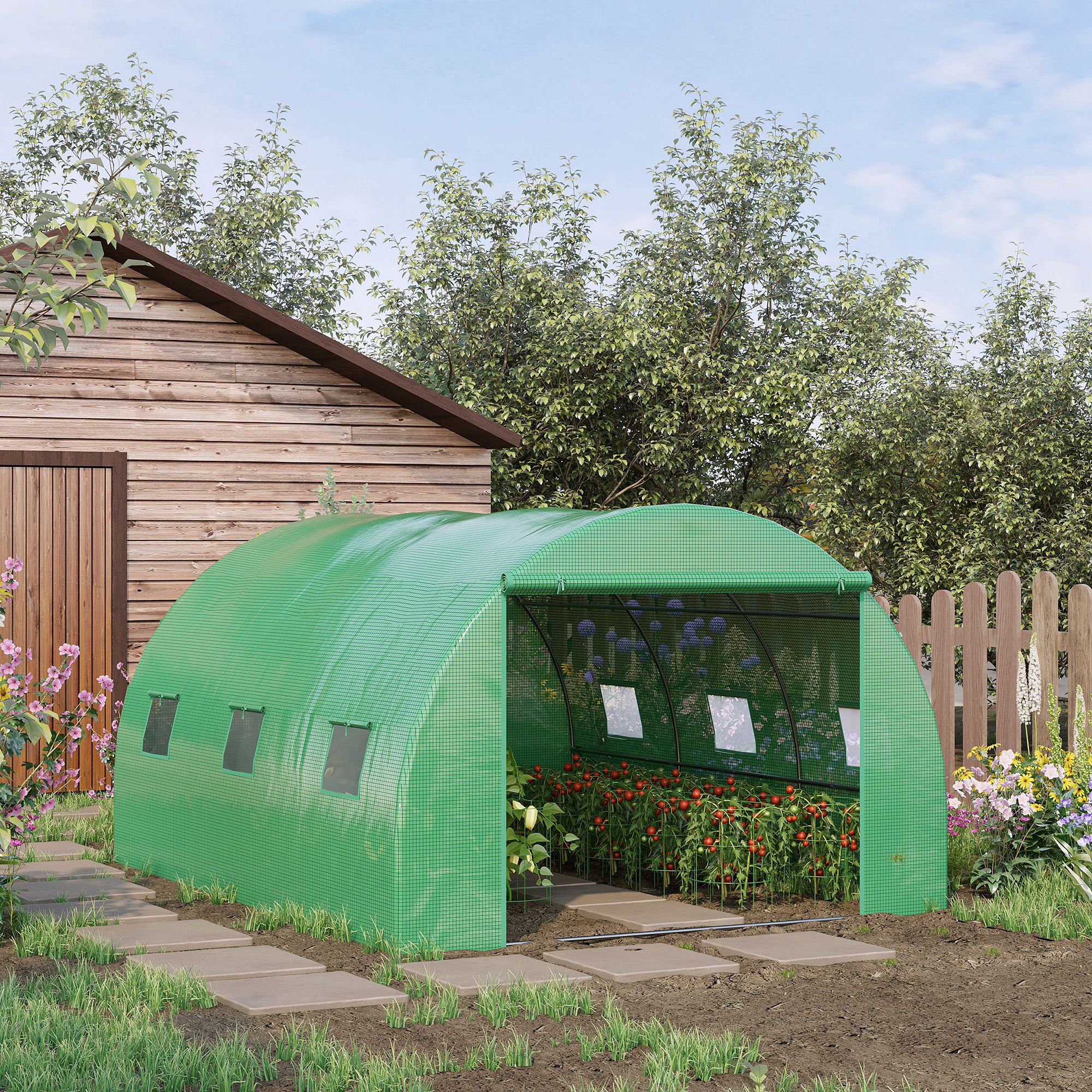 Outsunny Walk-in Polytunnel Greenhouse Outdoor Garden Tunnel Greenhouse Tent with Zipped Roll-Up Door 13 x 10ft, Green Aosom Canada