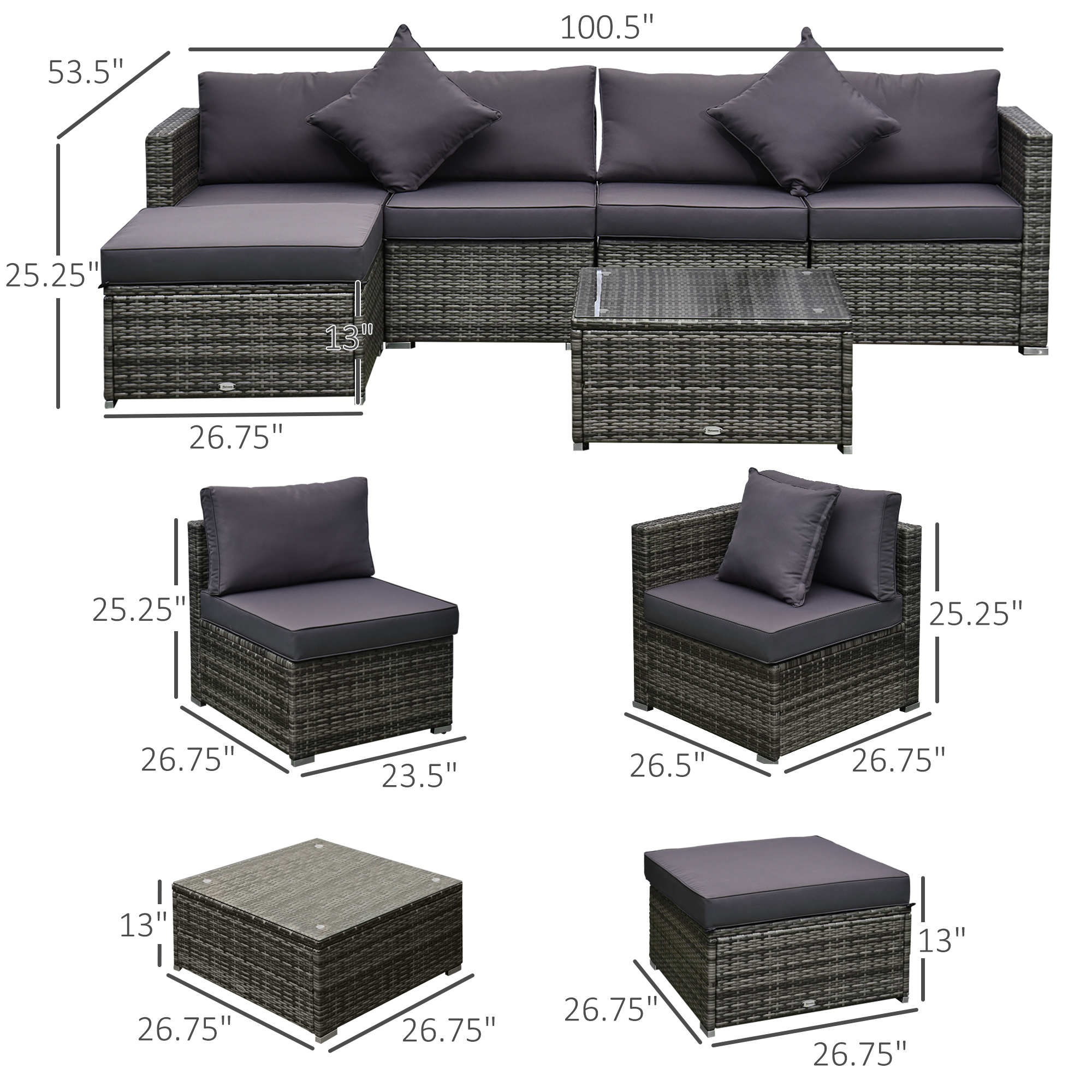 Outsunny 6 Pieces Outdoor PE Rattan Sofa Set, Sectional