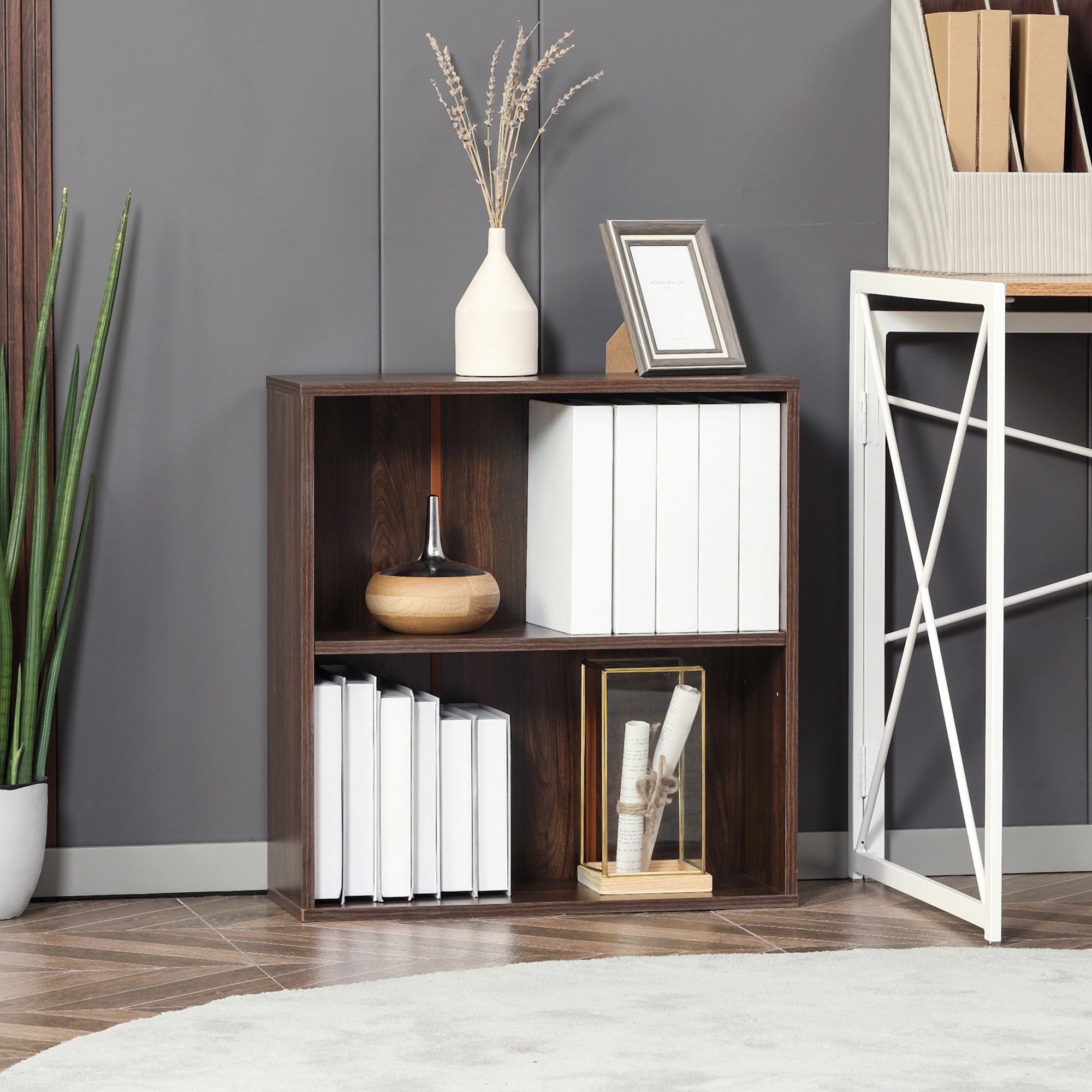 HOMCOM Minimalist Bookshelf Accent: 2-Tier Walnut Wood Display Shelf for Home Office, Simple & Stylish Design | Aosom Canada