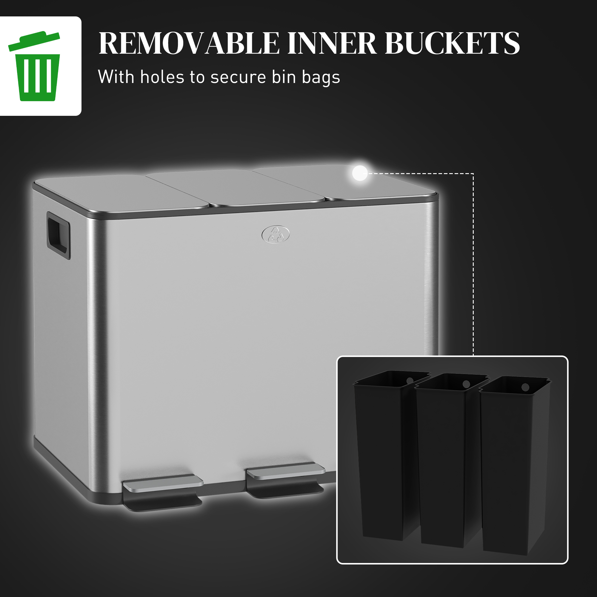 Garbage シングル HOMCOM Triple Garbage Bin, Soft-Close Trash Can with Foot